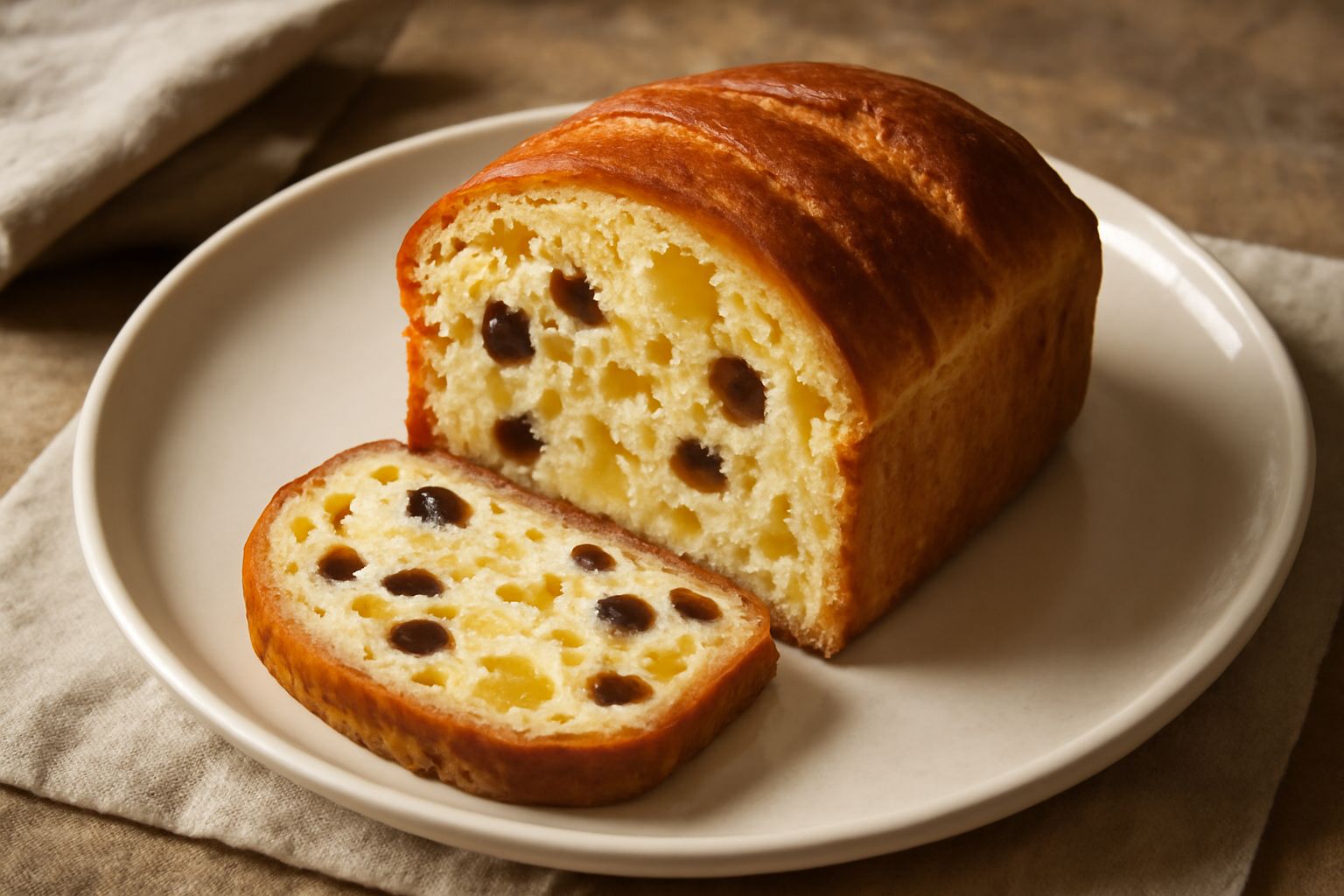 Pane con frutta candita tagliato a fette su un canovaccio bianco, con visibili pezzetti di cedro giallo, uvetta scura e mandorle; crosta dorata e mollica giallo chiaro