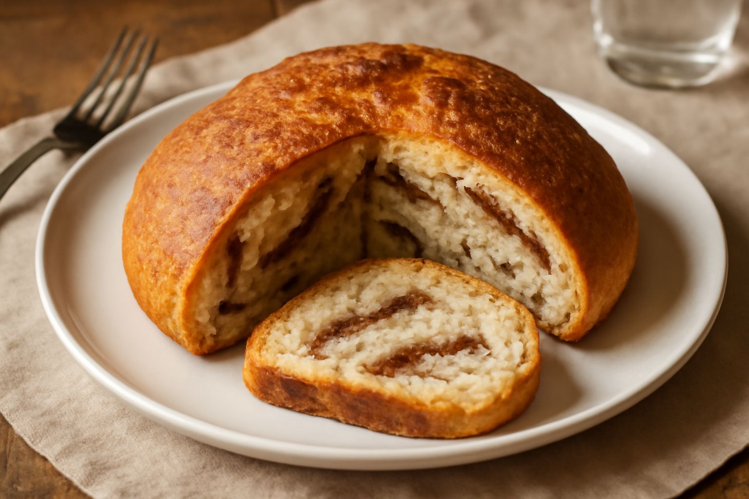 Pane con le acciughe appena sfornato, dorato e croccante in superficie, tagliato a metà per mostrare l'interno morbido con strisce di acciughe scure sparse nell'impasto, contornato da olive nere e ram
