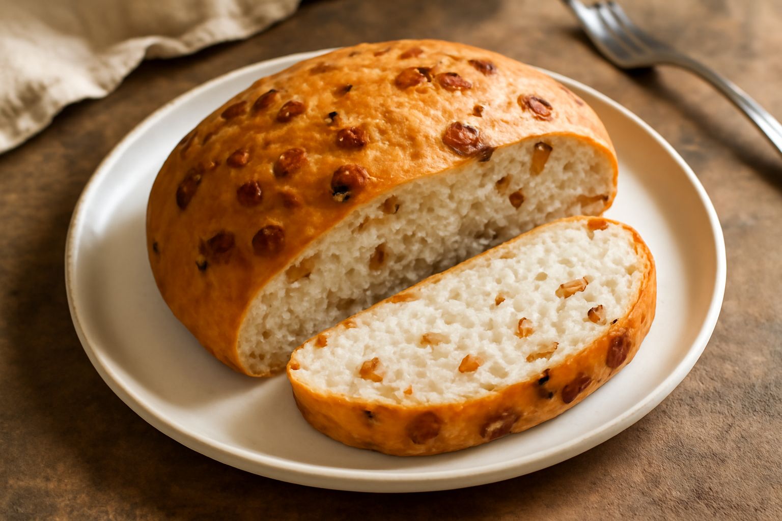 Pane rotondo dorato con croste croccanti e pezzetti di cipolla caramellata visibili in superficie, tagliato a metà con una fetta di pane che mostra la mollica bianca e morbida all'interno