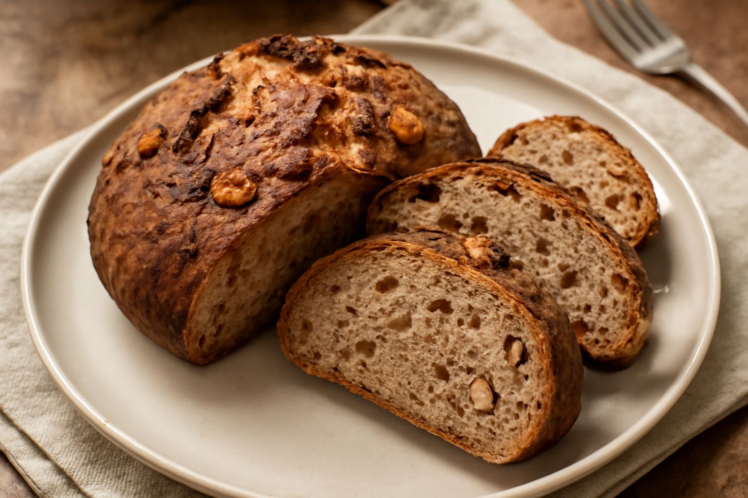 Un pane rotondo appena sfornato, crosta marrone scuro e croccante con screpolature, noci visibili sulla superficie, tagliato a metà mostrando mollica color nocciola con frammenti di noce, servito su t