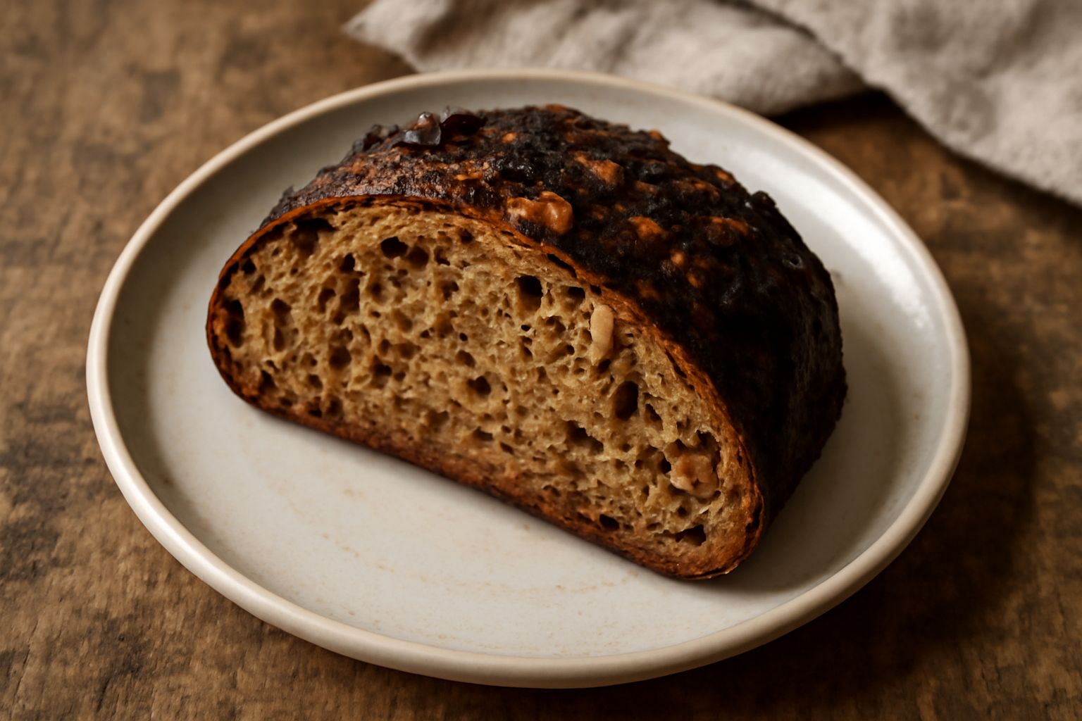 Pane integrale a fette con noci tostate visibili sparse nella mollica, poggiato su tavolo di legno chiaro con una bottiglia d'olio e noci sgusciate intorno