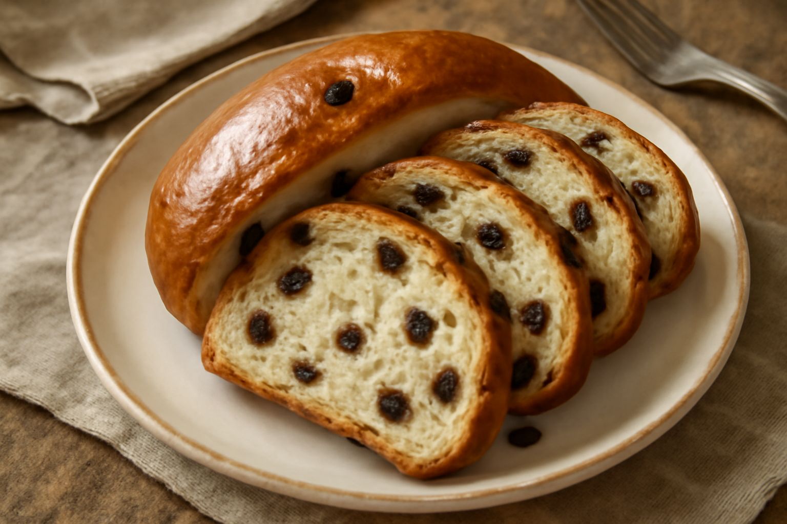 Pane con uvette affettato su tavolo di legno, crosta dorata uniforme, miga bianca e soffice con uvette scure distribuite regolarmente, profumo visibile dal vapore caldo