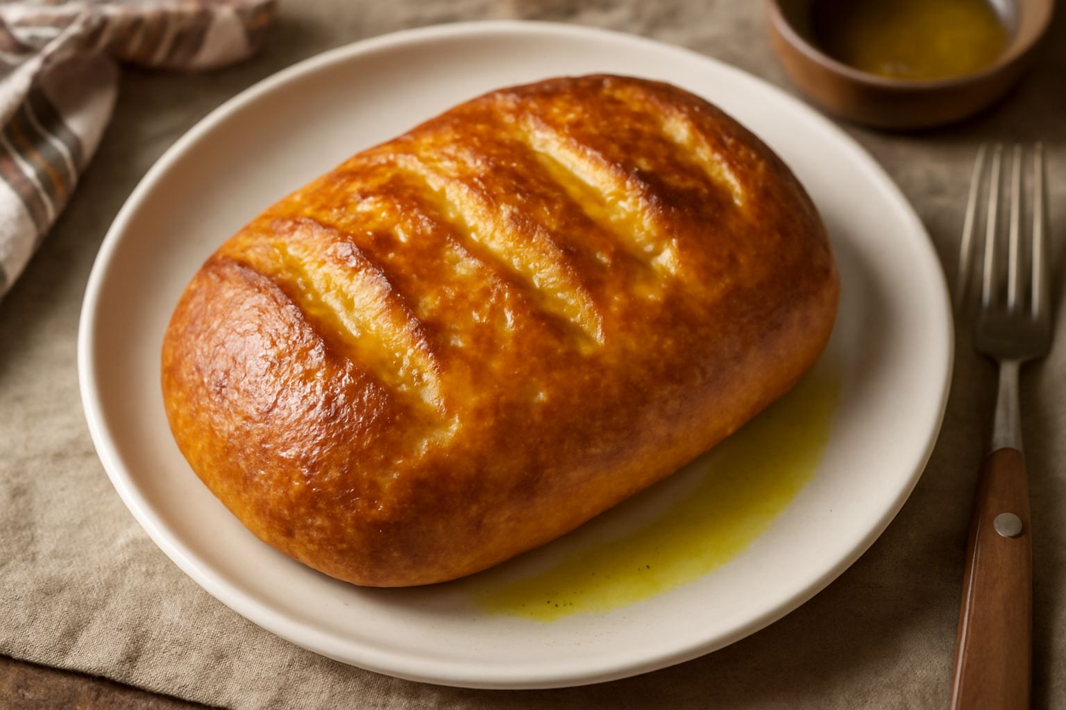 Pane con l'olio appena sfornato, dorato in superficie con sfumature di colore più scuro, dall'aspetto rustico e lievemente oleato, tagliato a fette su un piatto di ceramica bianca