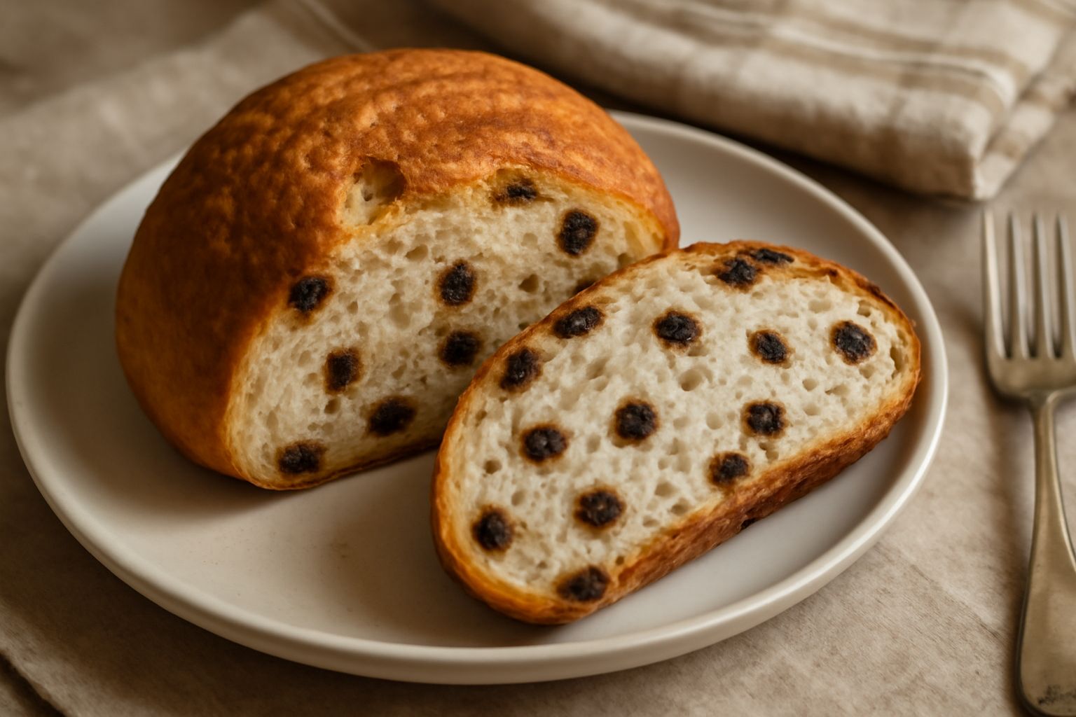 Pane rotondo con superficie dorata e leggermente screpolata, affettato al centro per mostrare la mollica bianca e soffice punteggiata di uva passa scura distribuita uniformemente