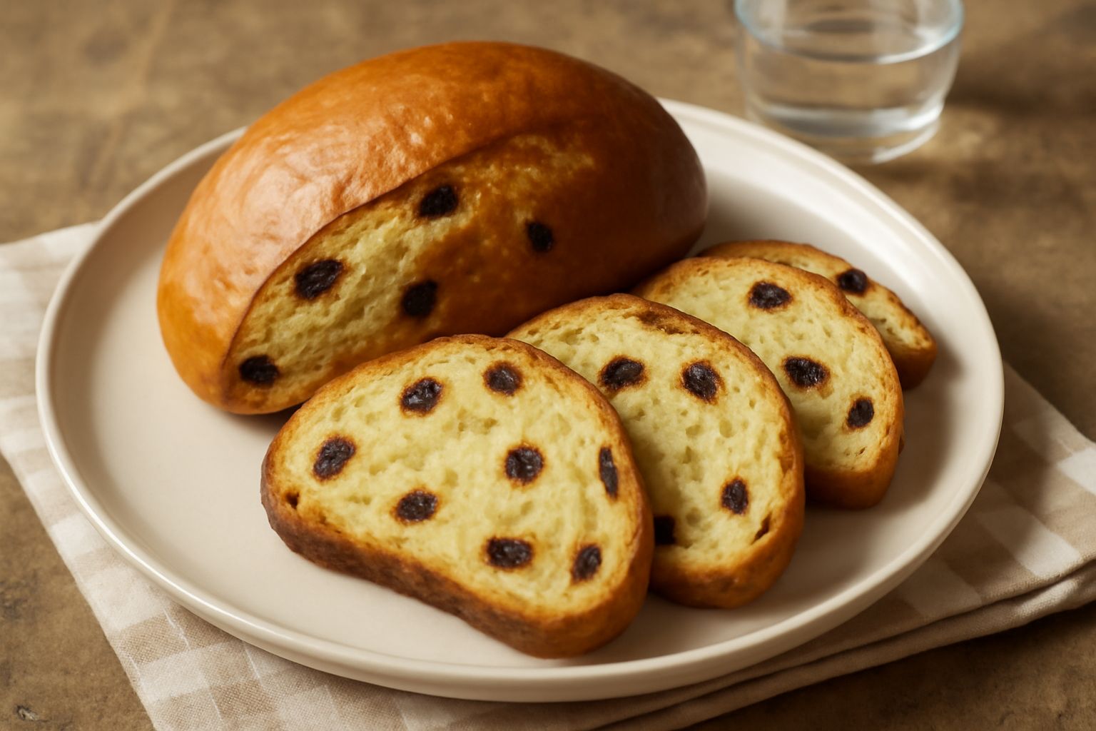 Pane con l'uvetta affettato su tavolo di legno, fette dorate con uvetta scura visibile dentro, crosta marrone chiaro, con bicchiere d'acqua sullo sfondo