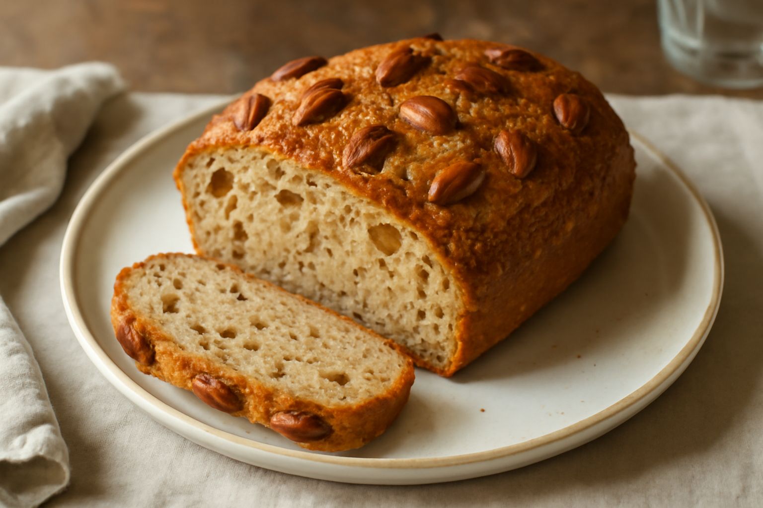 Pane con mandorle intere sulla superficie, colore dorato scuro, tagliato a fette su un tagliere di legno, con mandorle sparse intorno e una tazza di tè di lato