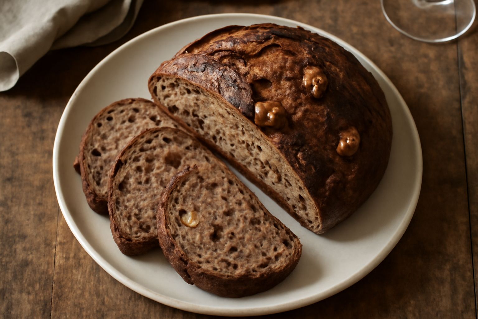 Pane intero scuro con noci visibili sulla superficie e in sezione, tagliato a fette spesse, con mollica densa e scura, su un tavolo di legno con una ciotola di noci sgusciate accanto