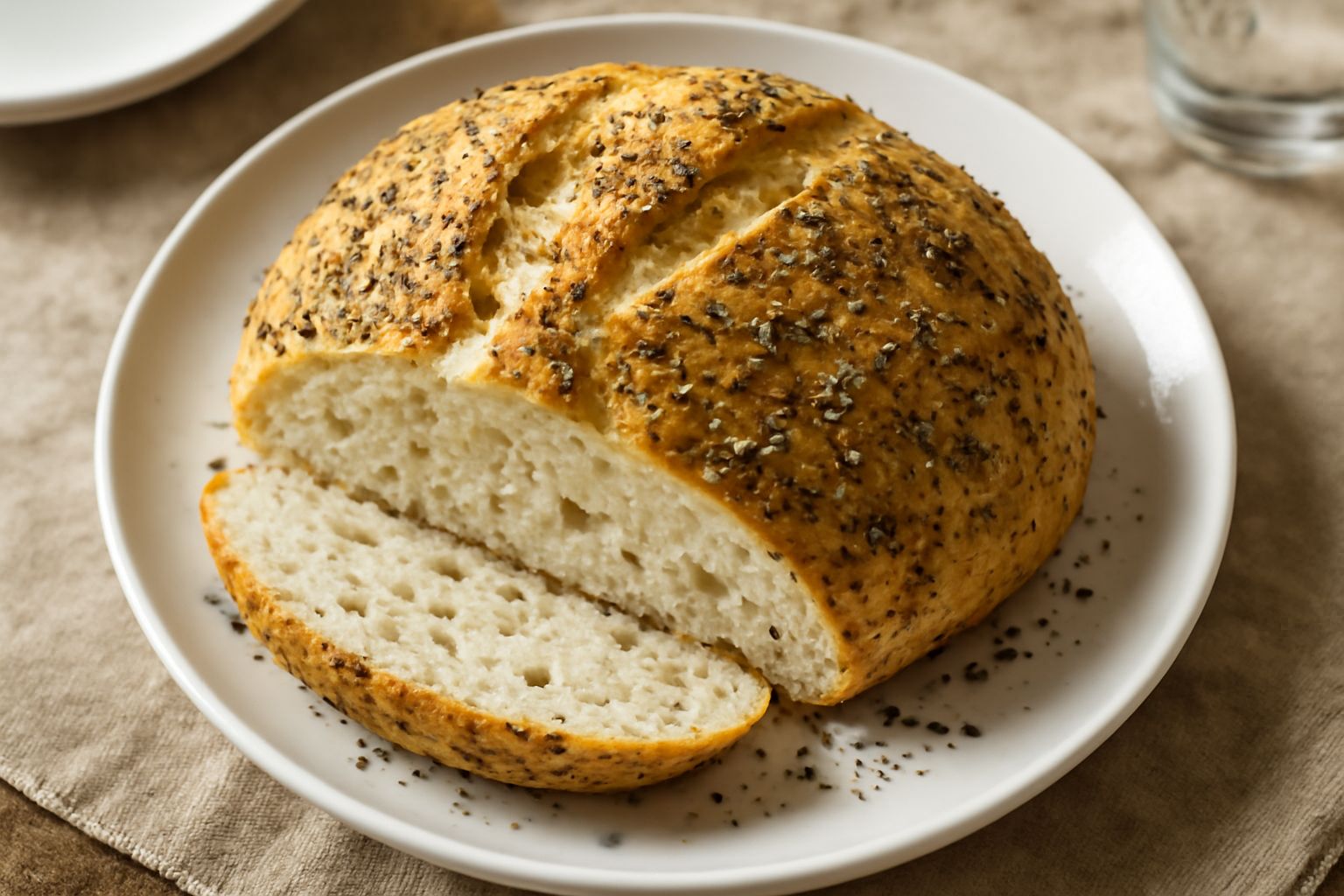 Pagnotta di pane con origano dal colore dorato scuro, posta su una tavola di legno con foglie di origano fresco sparse intorno e una fetta di pane tagliata che mostra l'interno bianco e soffice