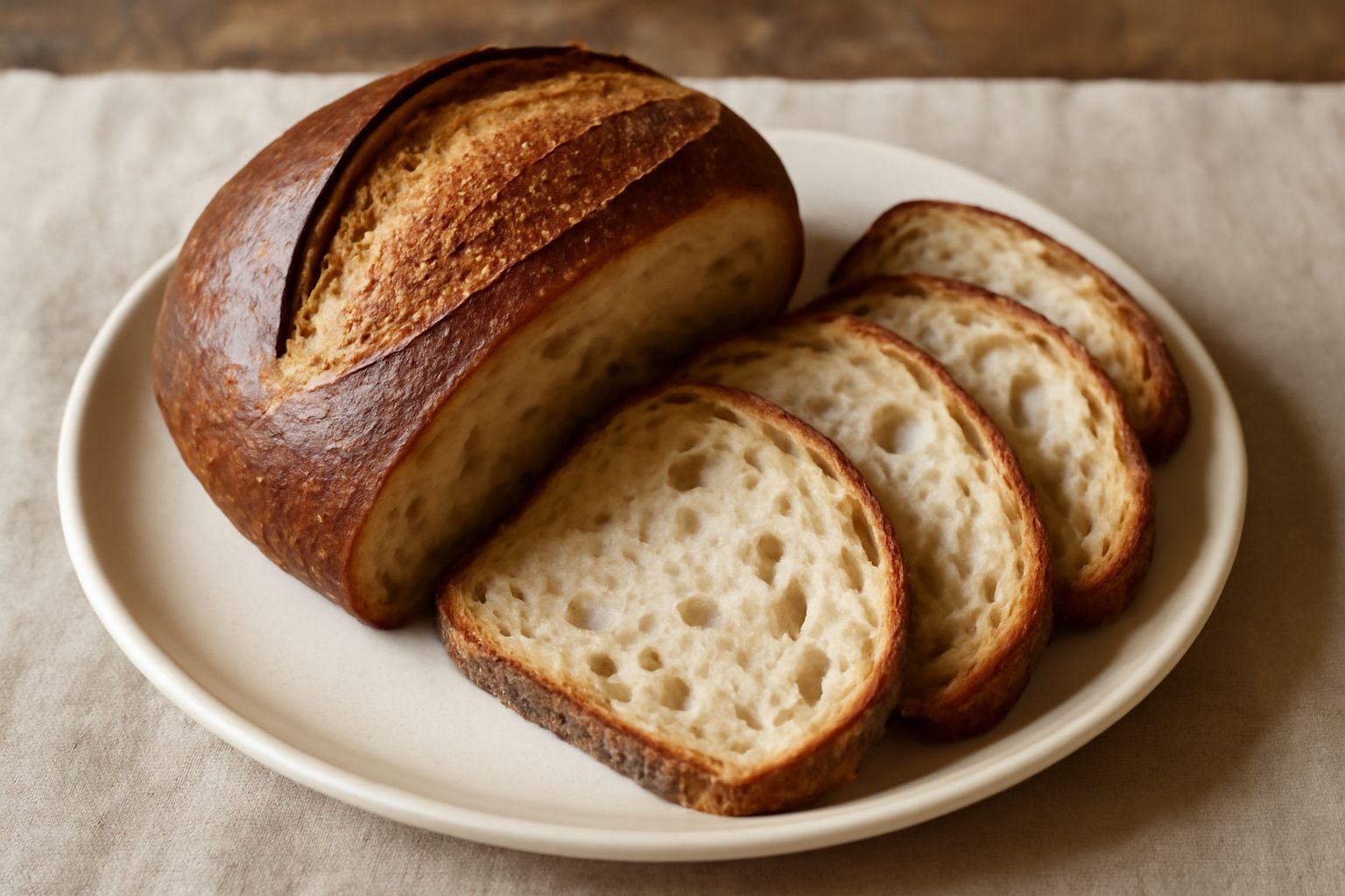 Pane rotondo tagliato a metà con crosta scura e croccante, mollica bianca e alveolata ben visibile, posato su un tavolo in legno con farina sparsa intorno