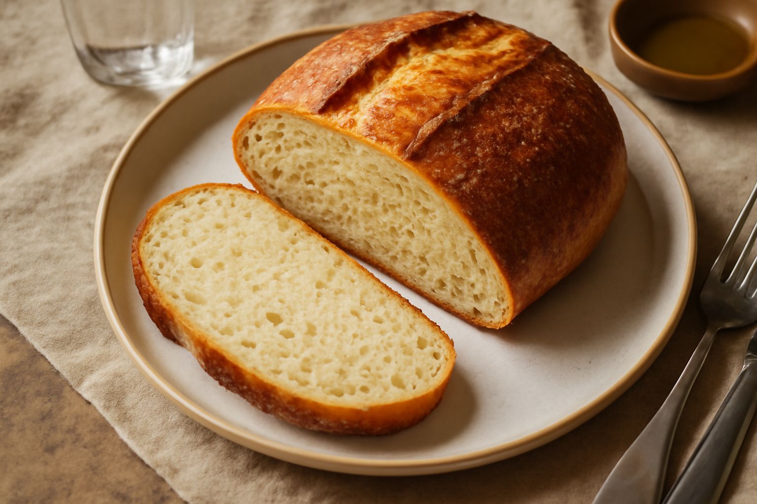 Una pagnotta di pane con patate dal colore dorato rossiccio, con crosta croccante e screpolature naturali, affettata a metà su un tagliere di legno, che mostra una mollica densa e umida color avorio c