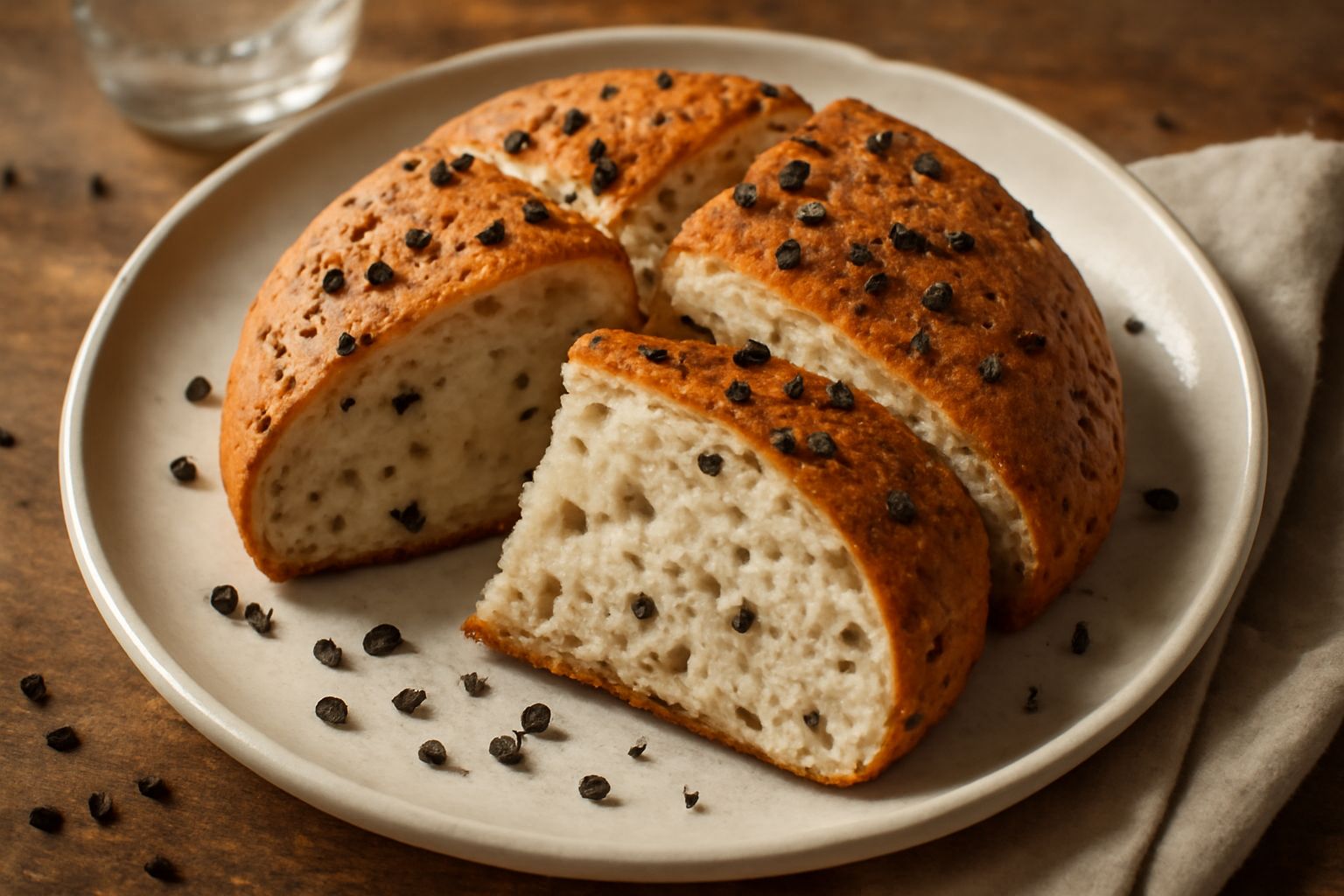 Pane tondo con crosta dorata e screpolature, cospargimento di pepe nero visibile sulla parte superiore e laterale, taglio diagonale che mostra la mollica irregolare e soffice, servito su tavolo di leg