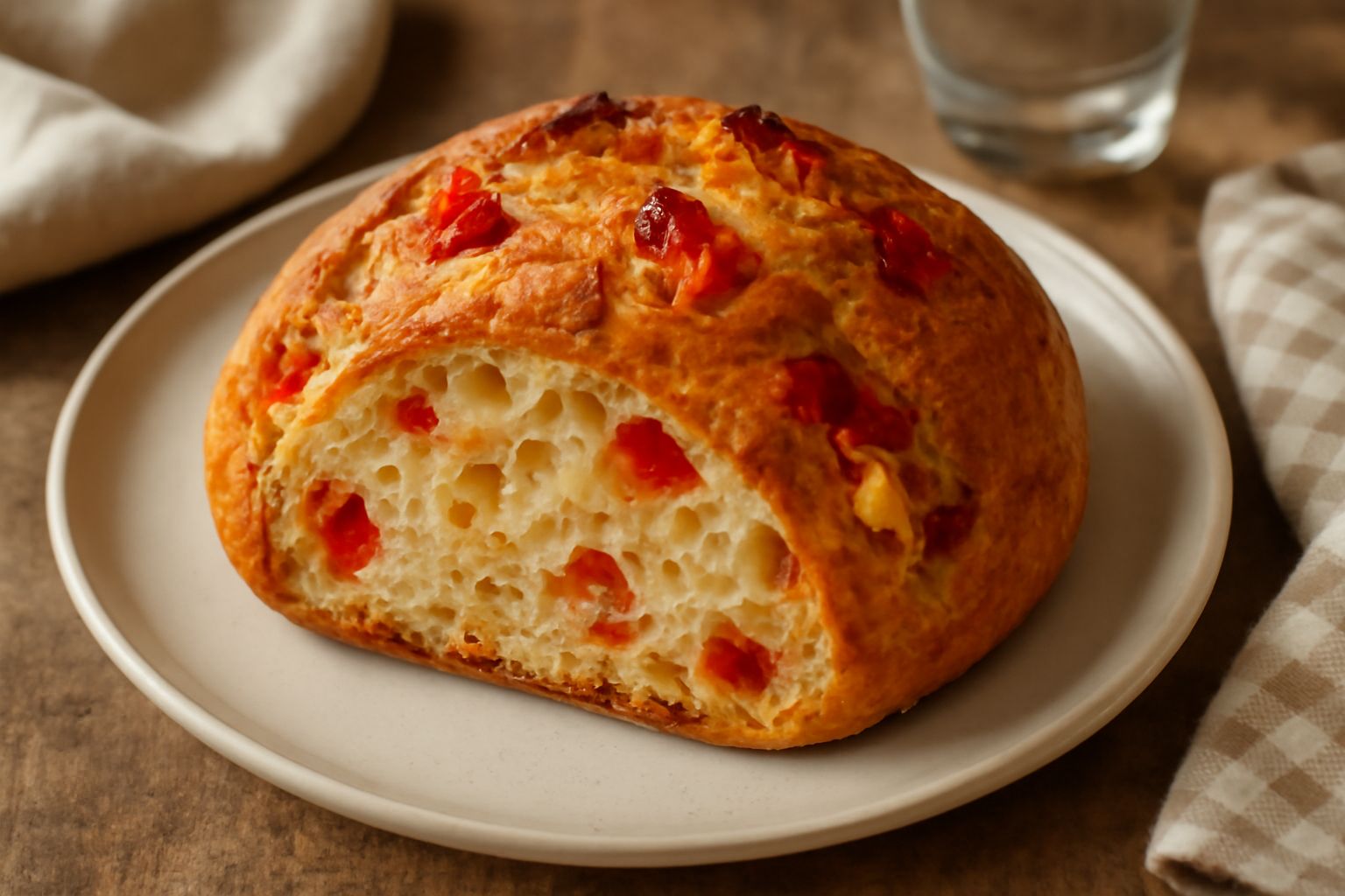 Pane con peperoni appena sfornato, dorato in superficie con screpolature visibili, pezzi di peperone rosso e giallo che spuntano dalla crosta, affettato su una tavola di legno con tagliere, vapore anc