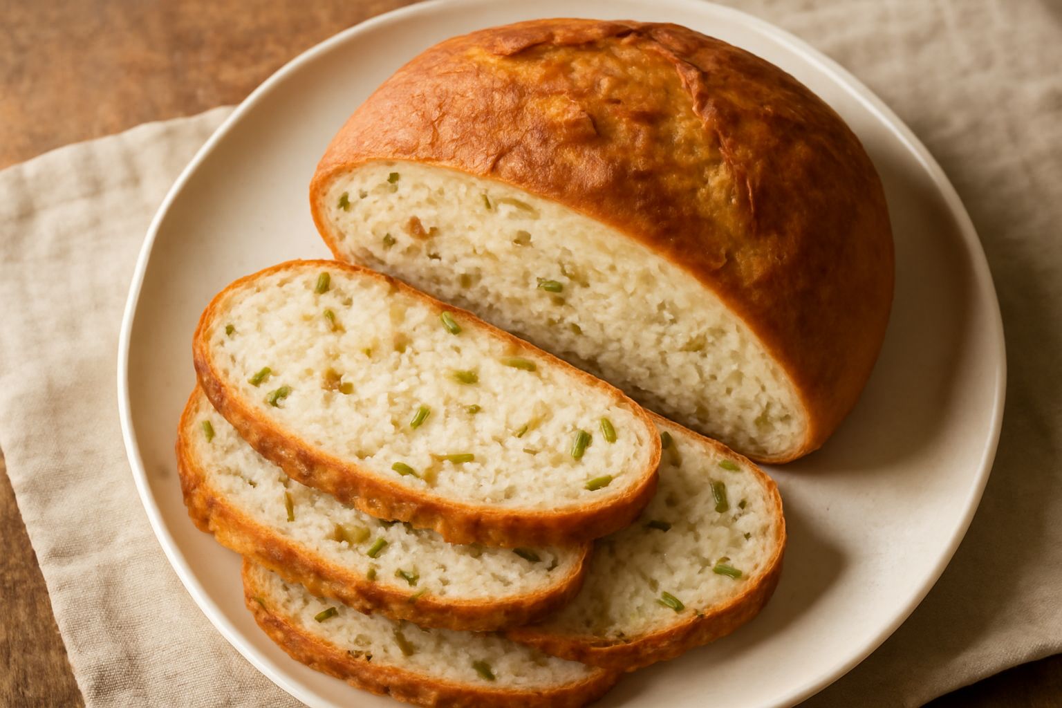 Pane con pistacchio affettato su tagliere di legno, miga color crema con macchie verdi di pistacchio, crosta dorata, fette tostare in piatto bianco accanto