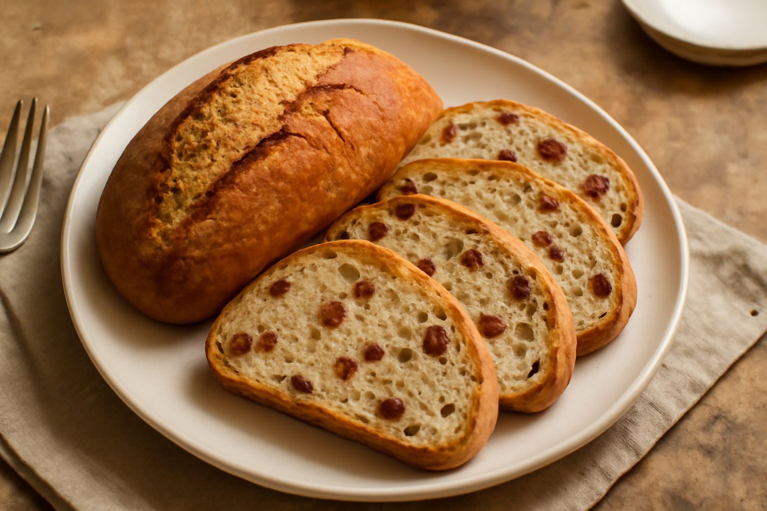 Pane con crosta dorata e screpolata, tagliato a fette, che mostra l'interno morbido punteggiato di rosso dei pomodori secchi, con olive nere visibili, su un tavolo di legno