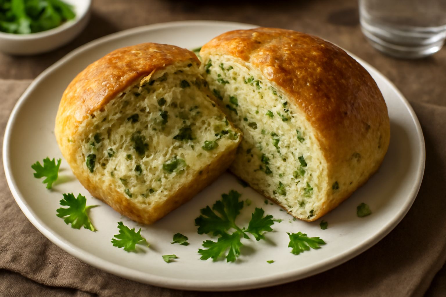 Pane con prezzemolo appena sfornato, crosta dorata e screpolata, spezzato in due per mostrare la mollica morbida e le particelle verdi di prezzemolo sparpagliate all'interno, servito su un piatto di c