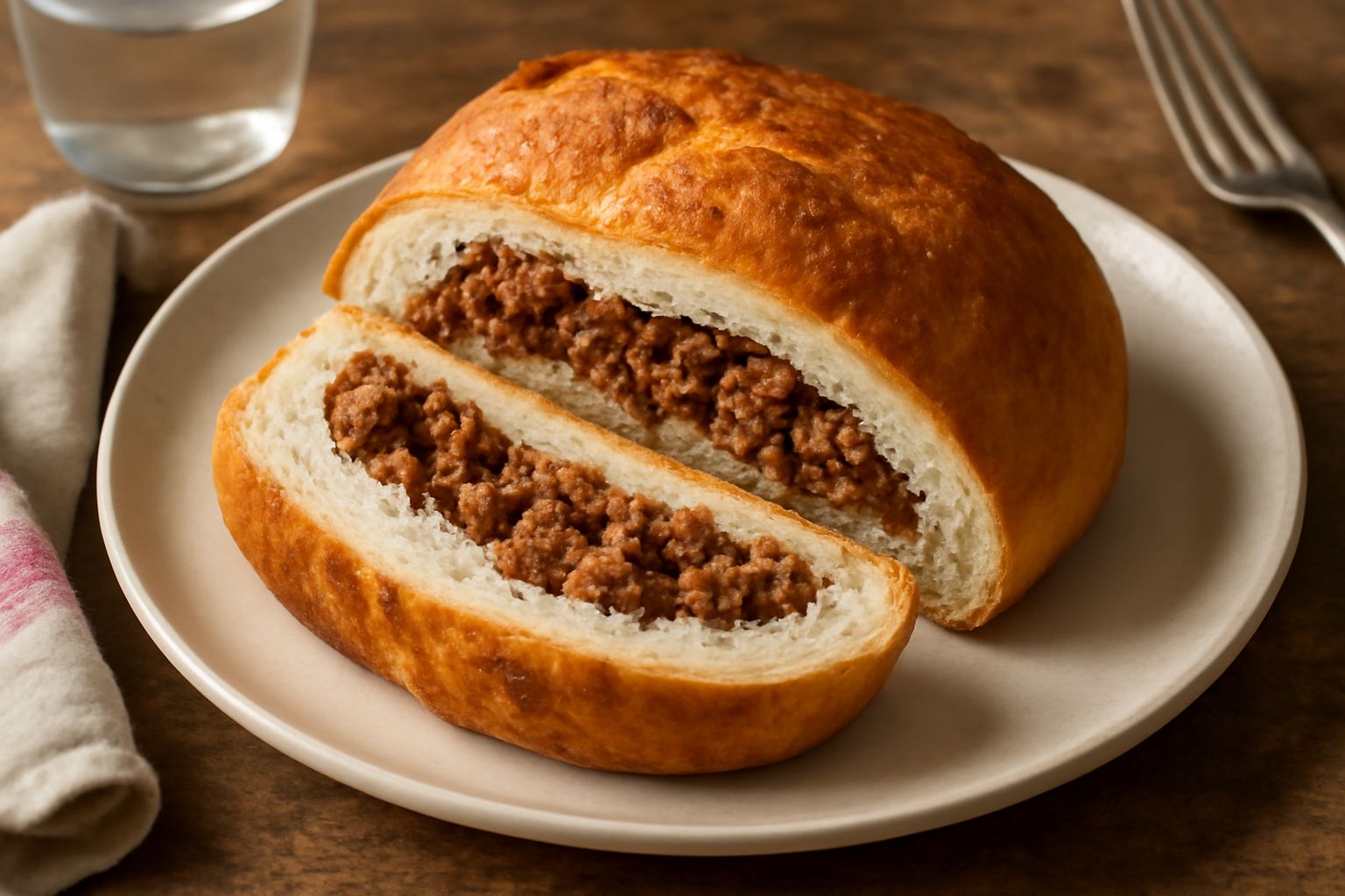 Pane rotondo con crosta dorata e screpolature, tagliato a fette, che mostra dentro il ripieno di carne macinata marrone scuro e umido, su tavolo di legno con tovaglia bianca