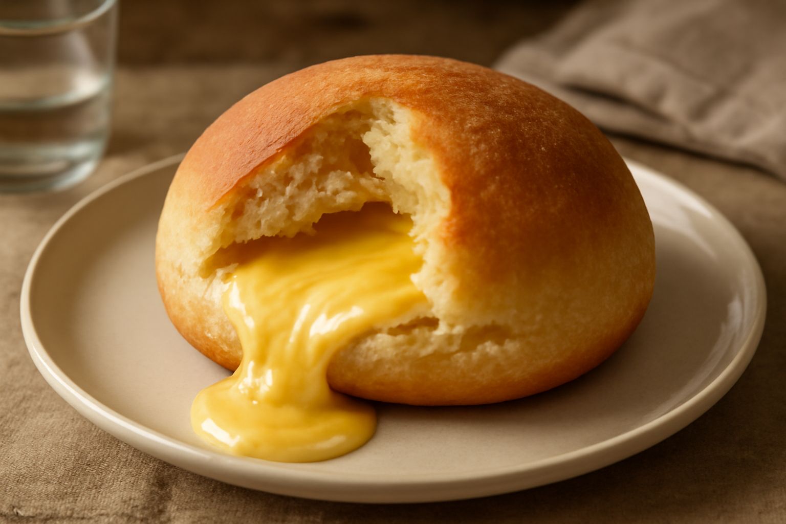 Pane rotondo dorato appena sfornato con taglio trasversale che mostra il ripieno di formaggio filante color giallo crema, superficie croccante e irregular con qualche grano di sale grosso