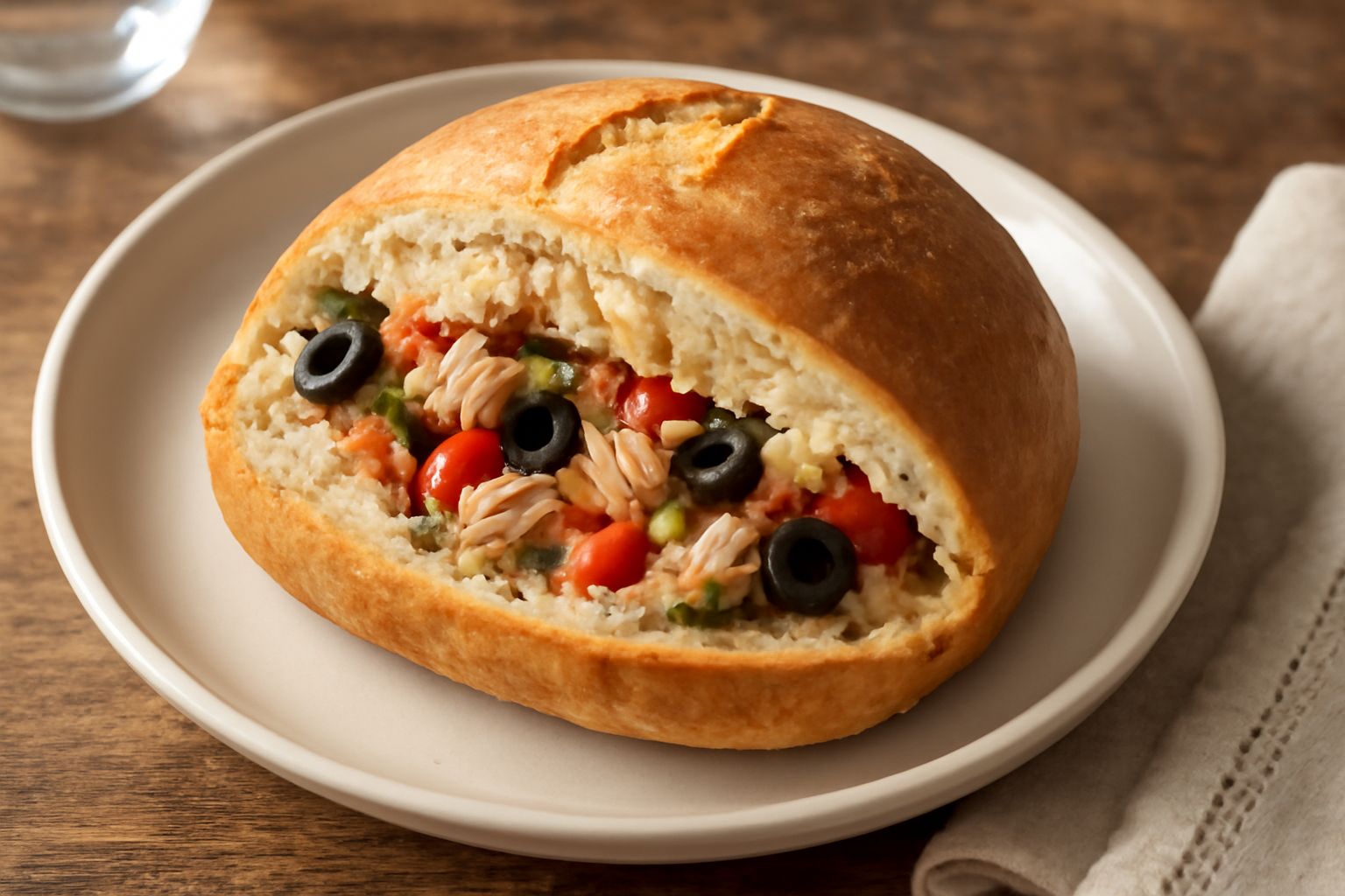 Pane integrale dorato appena sfornato con spacco superiore visibile, ripieno di filetti di pesce bianchi, olive nere, pomodori rossi e prezzemolo fresco, impiattato su tavolo di legno con limone affet