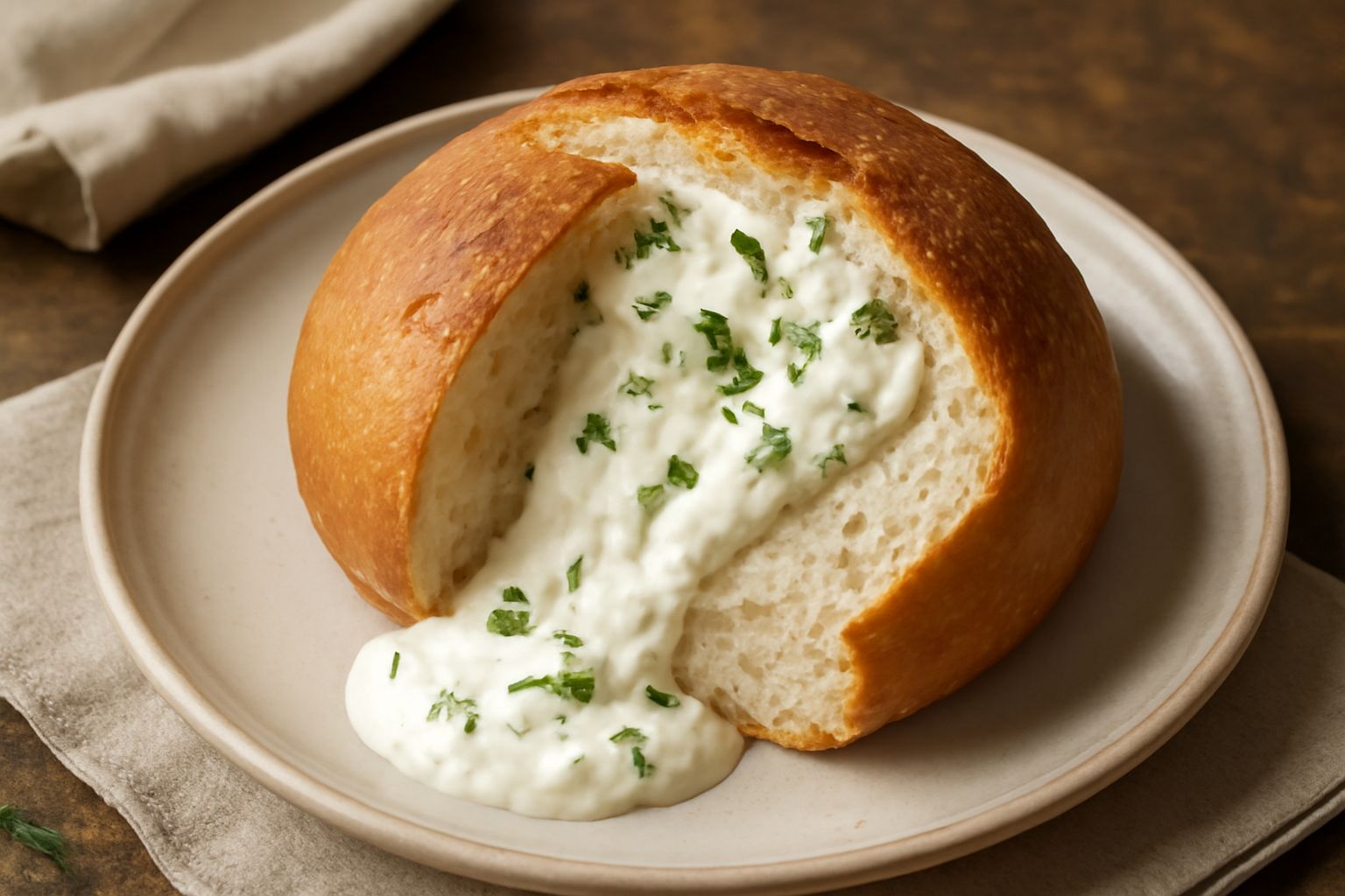 Pane rotondo fatto in casa, dorato e ancora caldo, tagliato a metà per mostrare il ripieno di ricotta bianca cremosa con macchie verdi di prezzemolo fresco, servito su una tavola di legno con una tazz