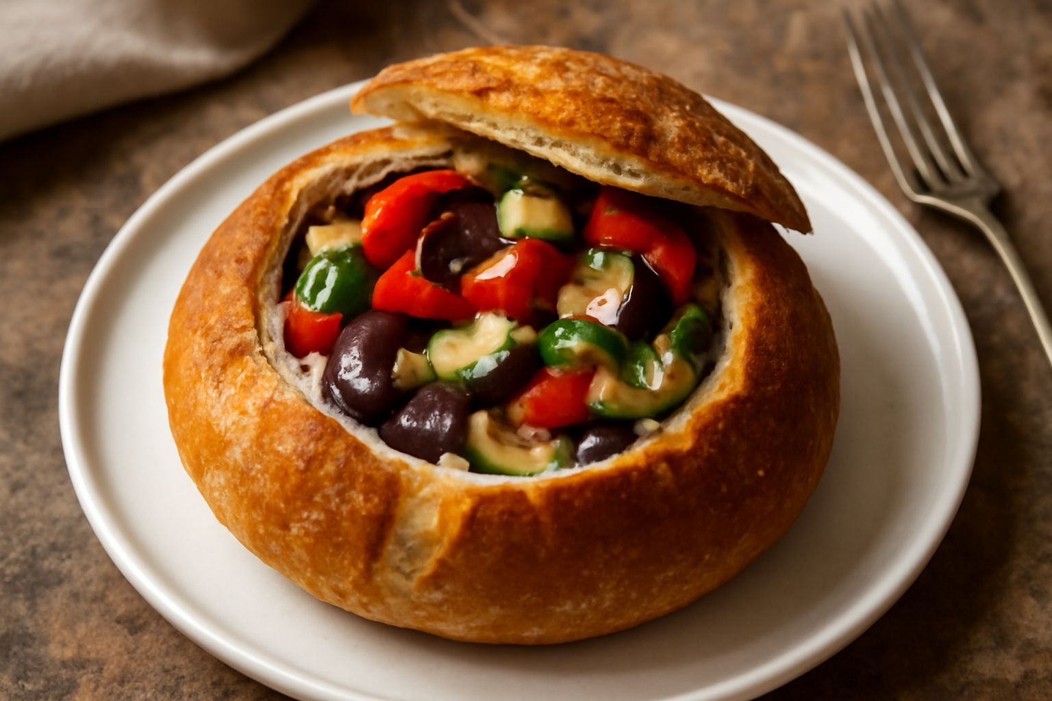 Pane tondo appena sfornato con superficie dorata e croccante, tagliato a metà per mostrare il ripieno di verdure colorate: melanzane viola, peperoni rossi e gialli, zucchine verdi, con fili di formagg
