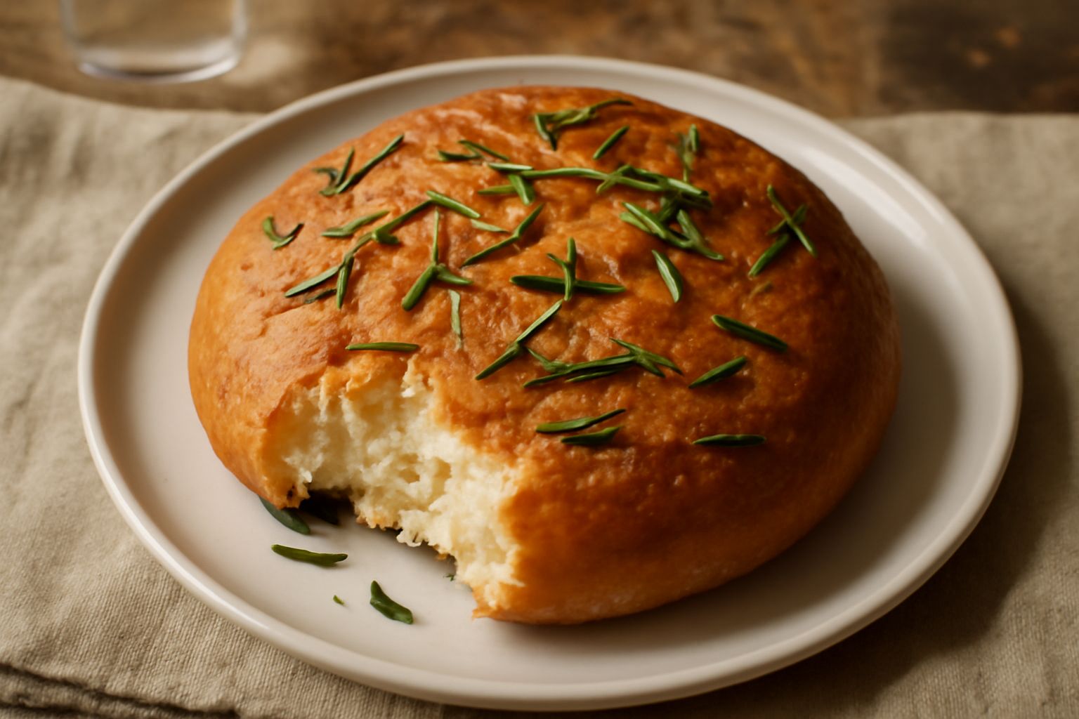 Pane tondo con rosmarino fresco, crosta dorata e screpolata, tallo di rosmarino verde inserito in superficie, affettato mostra mollica bianca e soffice, piatto di ceramica bianca su tavolo rustico