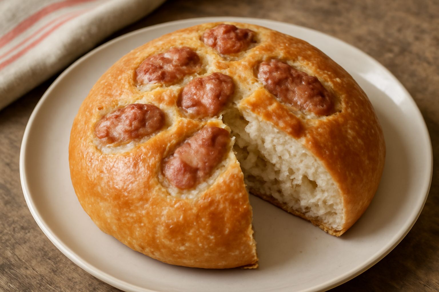 Pane rotondo e dorato con salsiccia visibile sulla superficie, spaccato al centro per mostrare l'interno morbido e la carne rosata della salsiccia, impiattato su un tagliere di legno con briciole into