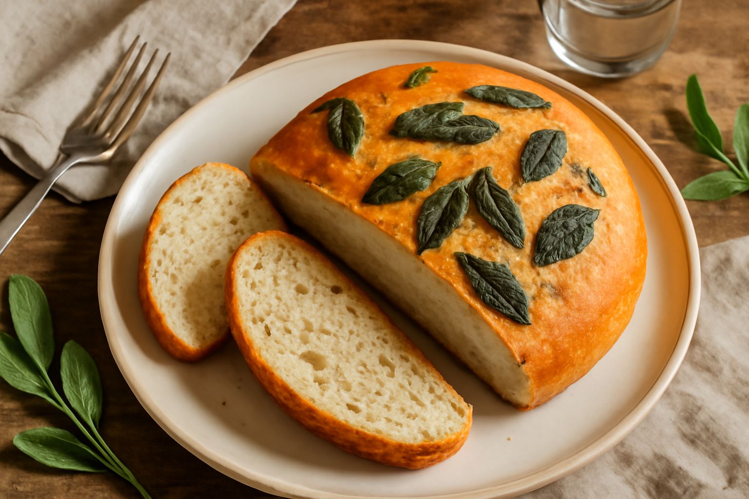 Pane con salvia appena sfornato, dorato e croccante in superficie, con foglie di salvia visibili sul dorso e nel taglio, posato su un canovaccio bianco di lino