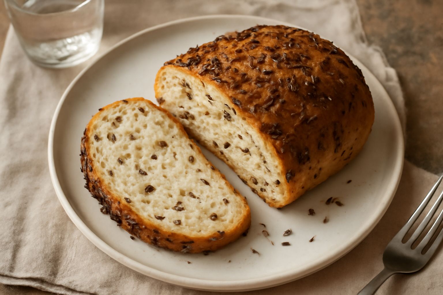Pane dorato con semi di cuminu visibili in superficie, crosta croccante, tagliato a fette su una tavola di legno, sfondo neutro