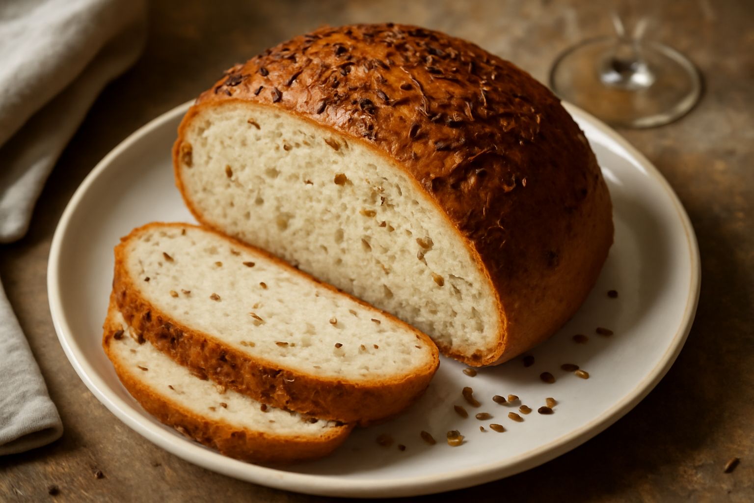 Pane tondo dalle spighe dorate con semi di finocchio visibili sulla crosta, tagliato a fette, su tavolo in legno con spighe di grano intorno