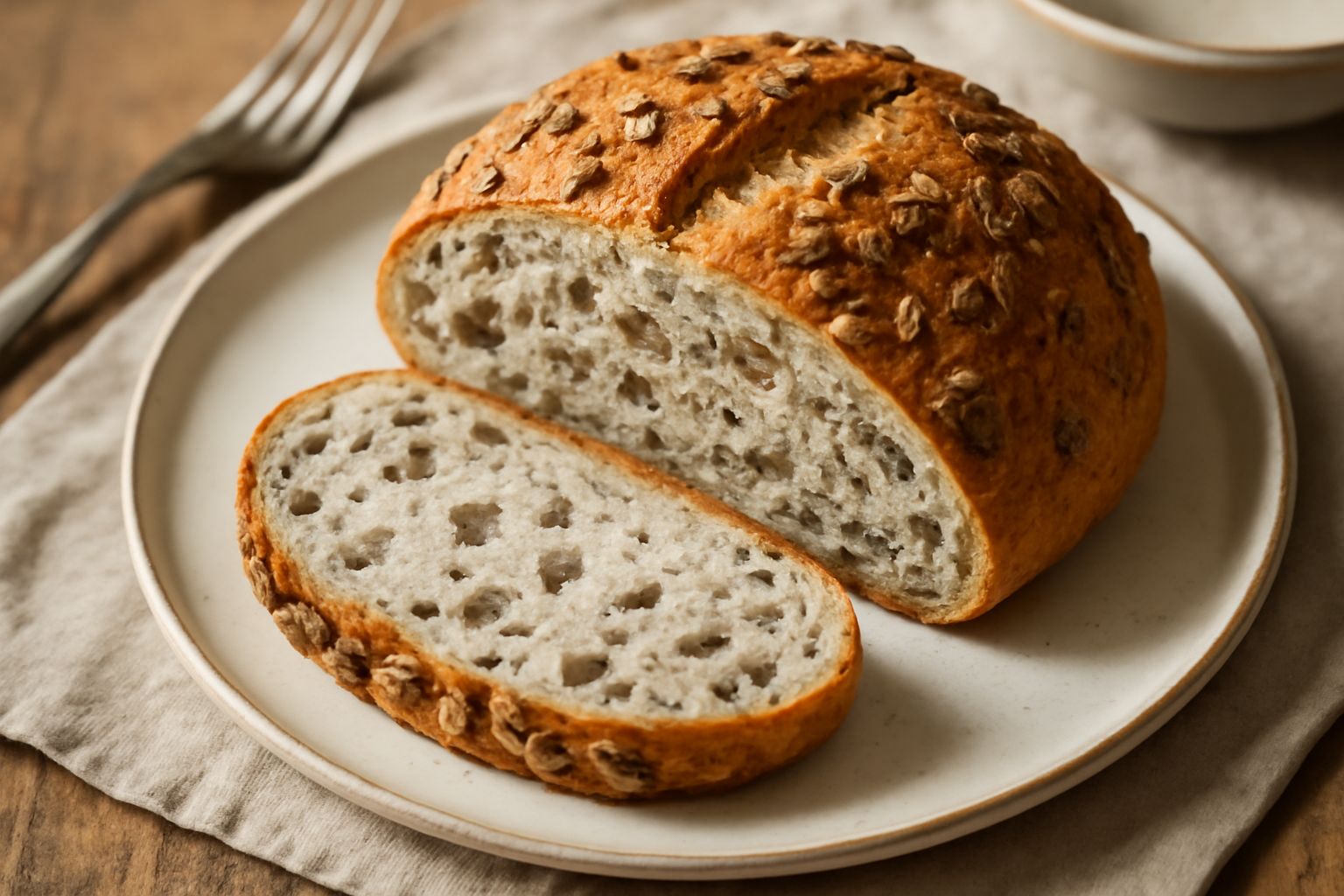 Pane tondo con semi di girasole sparsi in superficie, crosta dorata e screpolata, affettato su tagliere di legno con una fetta morbida ben visibile all'interno
