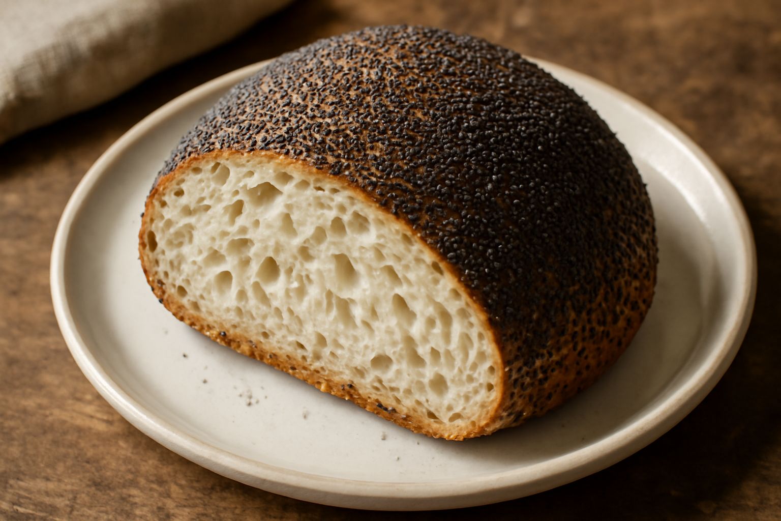 Pane di forma rotonda o oblunga, crosta dorata con semi di papavero nero interi sparsi e leggermente pressati sulla superficie, fette tagliate che mostrano l'interno bianco e alveolato, posato su una 