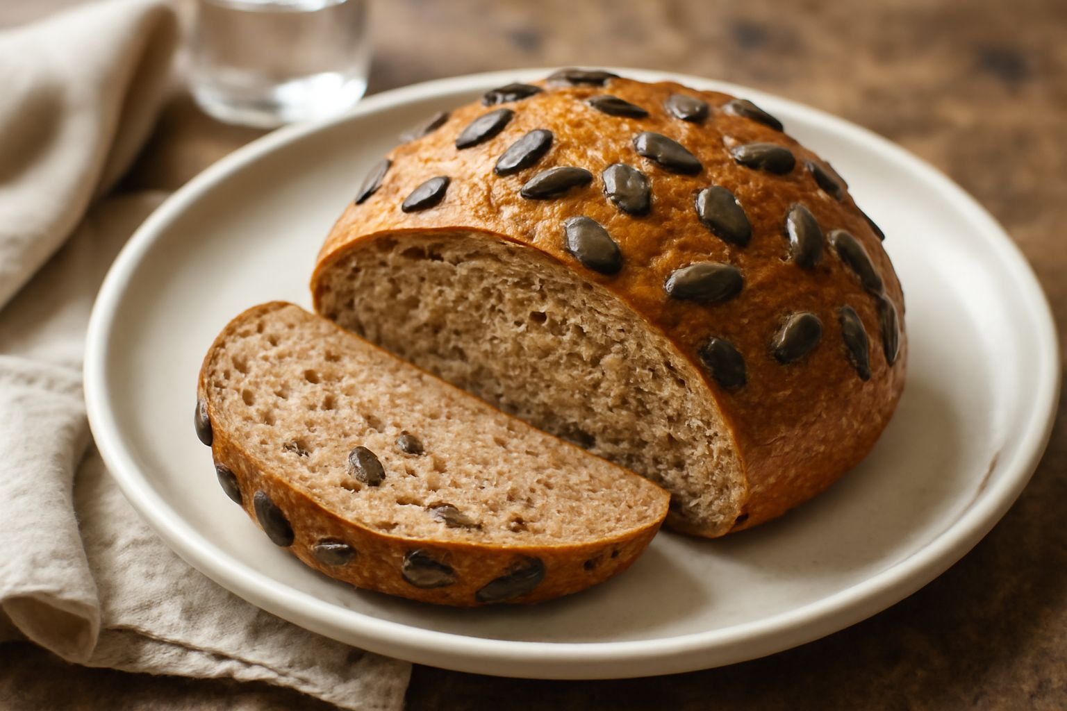 Pane integrale a fette con semi di zucca verde scuro visibili sulla crosta dorata e all'interno della miga, disposto su una tavola di legno