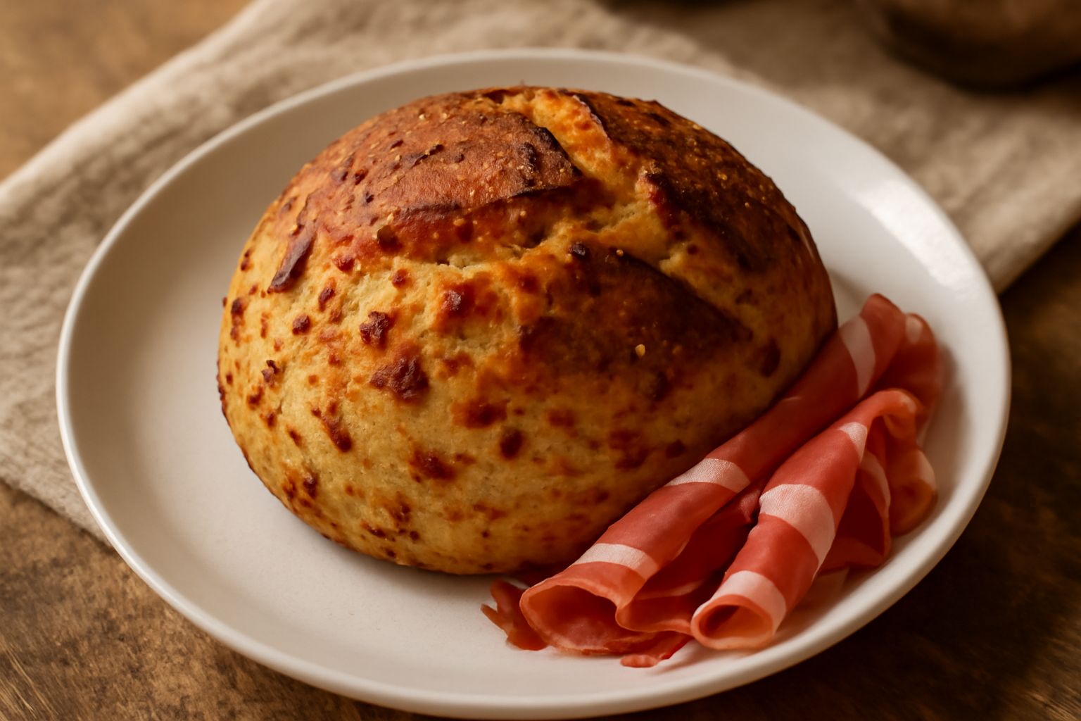 Pane dorato con speck rosso visibile sulla superficie e dentro l'impasto, tagliato a fette, servito su un piatto bianco con briciole di sale grosso sparse intorno