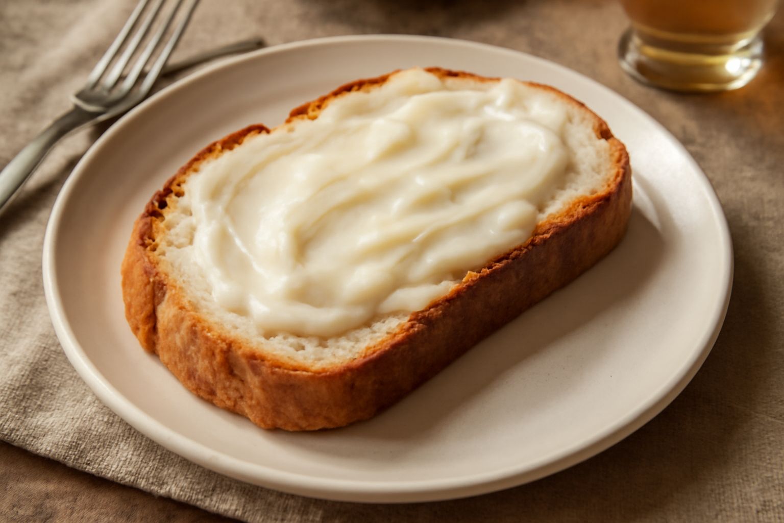 Pane tondo con crosta dorata e leggera, superficie leggermente screpolata, tagliato a fette che rivelano l'interno morbido e poroso, ancora caldo, servito su una tavola di legno rustica