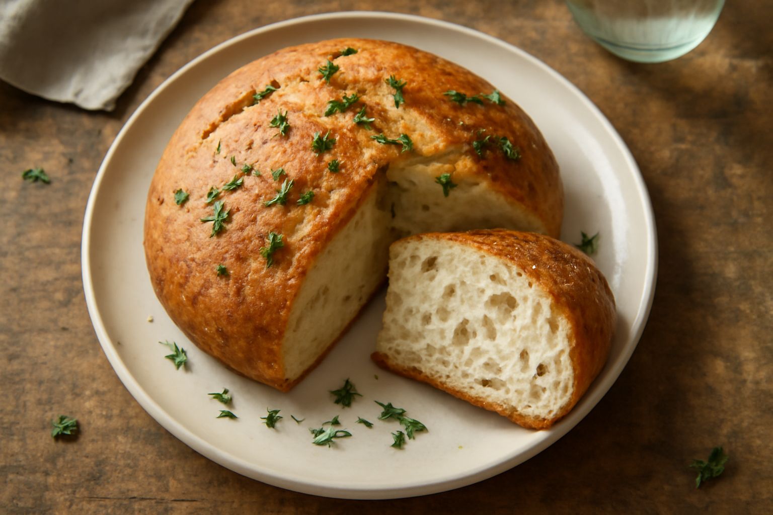 Pane tondo con crosta dorata e sfoglie di timo verde visibili sulla superficie, affettato per mostrare la mollica soffice e omogenea, su un tavolo di legno con un coltello e qualche ramo di timo fresc