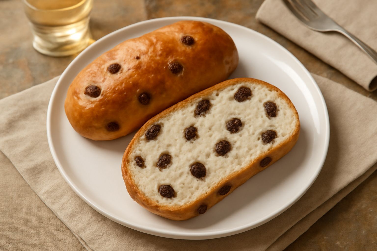 Pane rotondo con uvetta marrone scuro sparsa sulla superficie dorata, tagliato a metà mostrando mollica bianca e soffice, in piatto di ceramica bianca con grani d'uva interi accanto