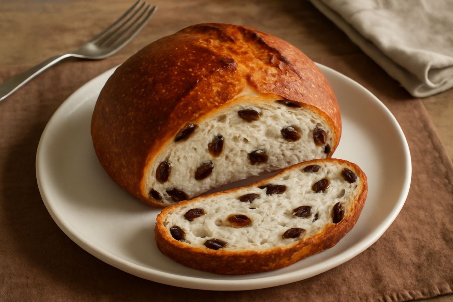 Pane rotondo dorato con crosta leggermente screpolata, fetta tagliata che mostra la miga soffice color avorio con uvetta sultanina scura distribuita, su un tagliere di legno accanto a una tazza di tè