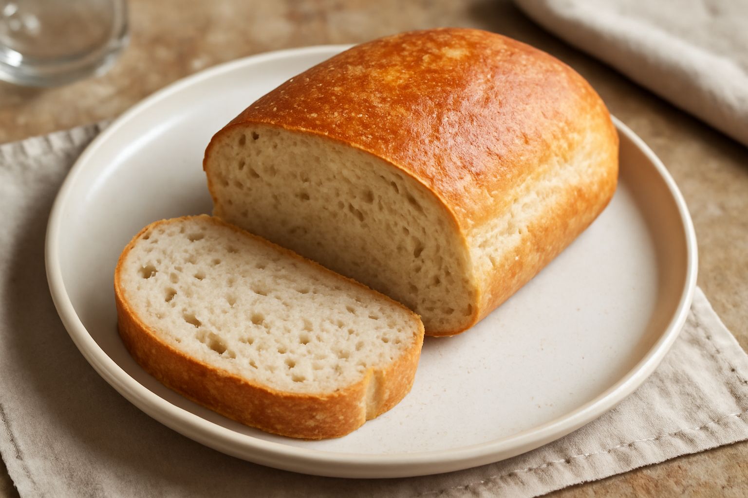 Pane dorato e fragrante con vaniglia, affettato, posato su un panno bianco con accanto un baccello di vaniglia e qualche goccia di miele