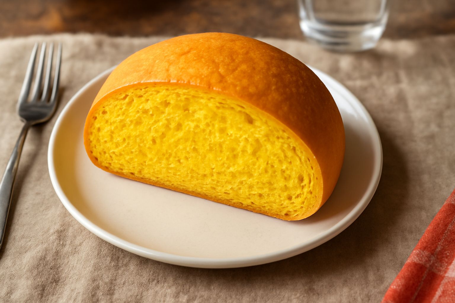 Pane tondo dorato con sfumature gialle, dalla crosta leggermente screpolata, tagliato a metà mostrando l'interno morbido e colorato di giallo acceso, posato su un canovaccio beige