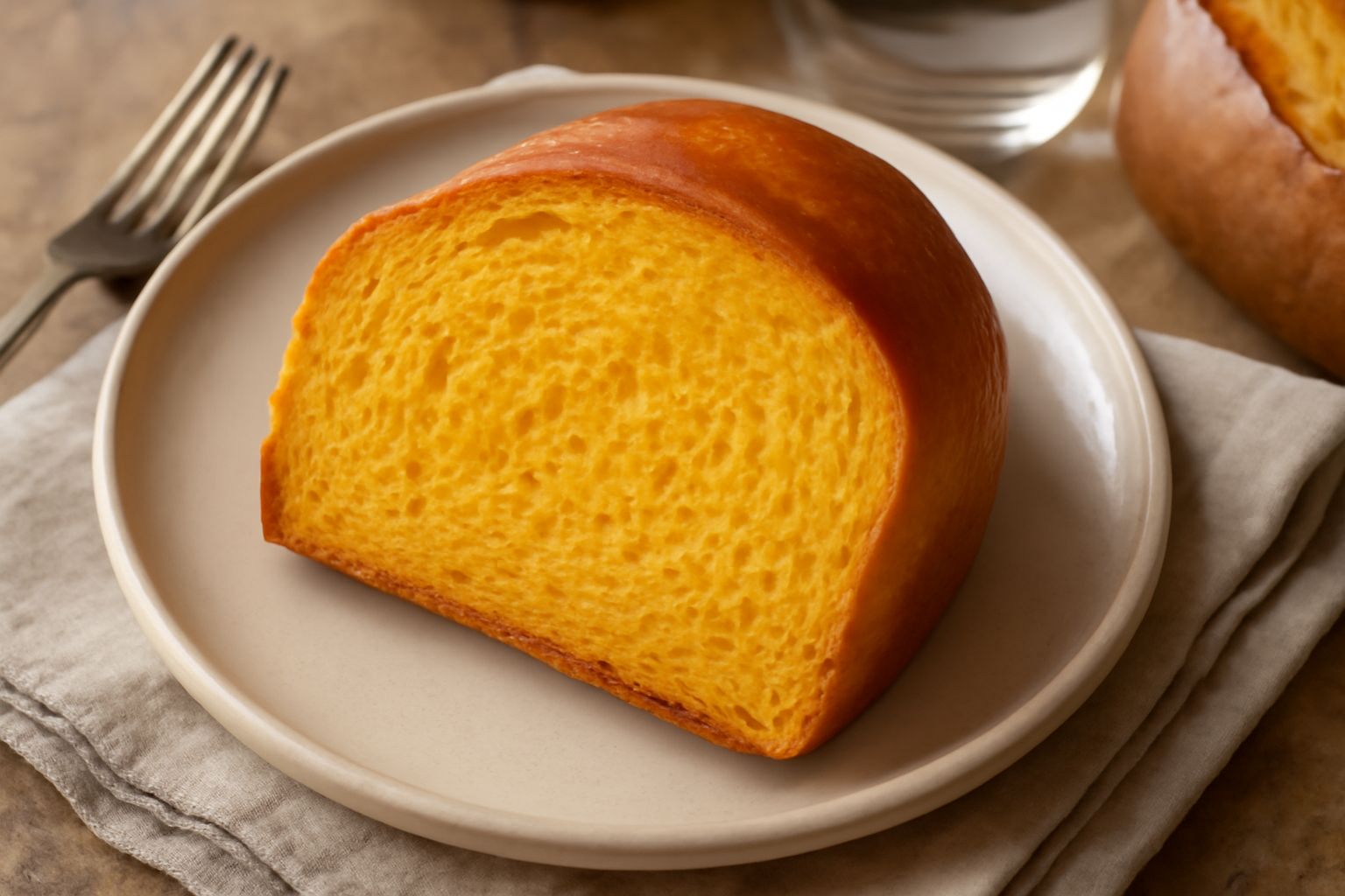 Pane con zucca a fette, di colore dorato-arancione con la mollica morbida e alveoli regolari, posato su un tagliere di legno con una spiga di grano accanto