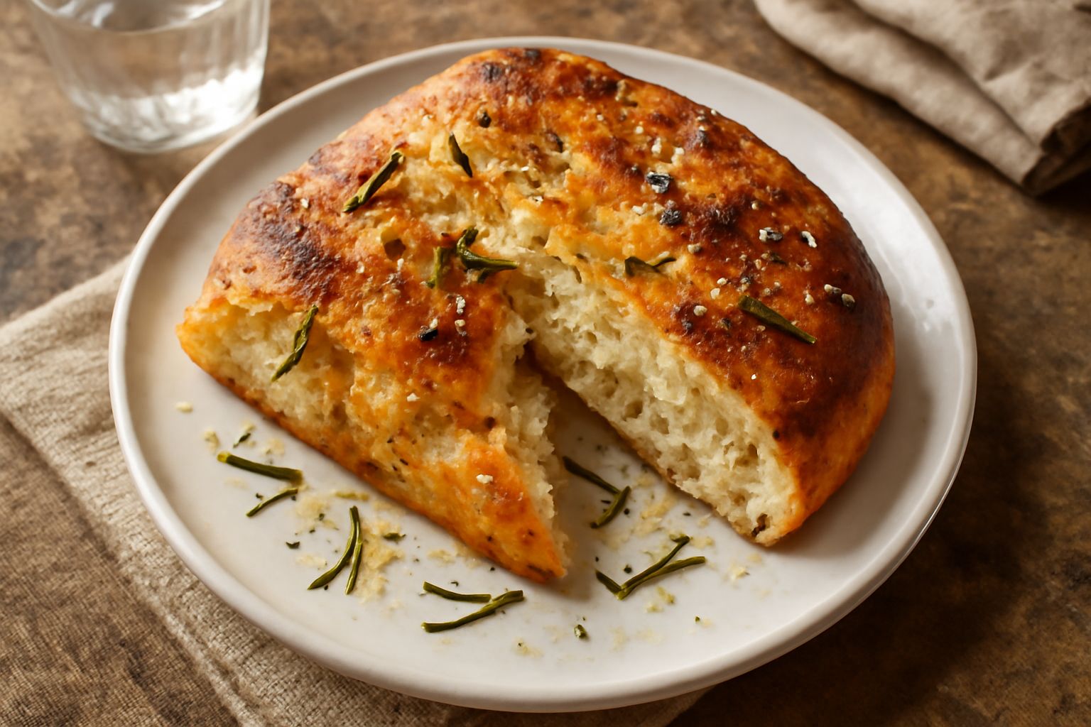 Pane tondo o rettangolare dorato in superficie, cosparso di sale grosso e rosmarino fresco, olio luccicante sulla crosta, tagliato a metà per mostrare la mollica soffice e porosa all'interno, su un ta
