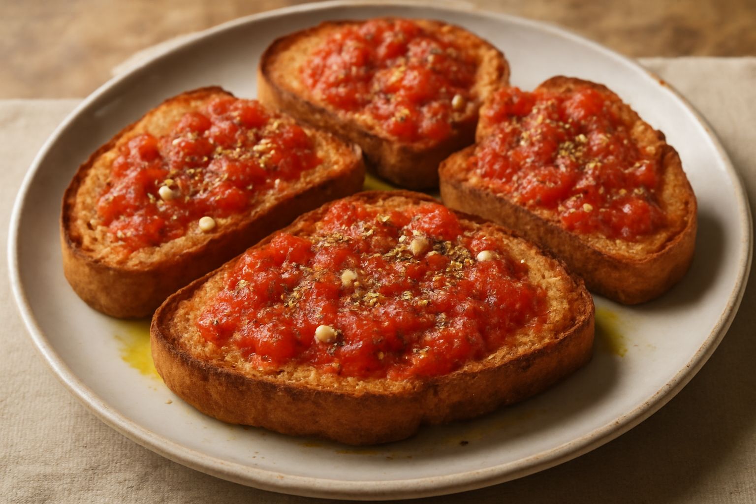 Fette di pane tostato condite con pomodoro rosso vivo, aglio fresco, origano verde e olio dorato. Le fette sono appoggiate su un piatto bianco, con gocce di olio visibili sulla superficie croccante.