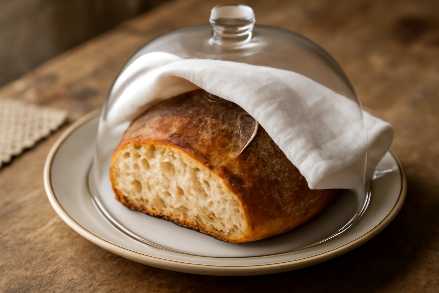 Pane di forma rotonda appena cotto, ancora vapore che sale dalla superficie, coperto con un canovaccio bianco di lino su un piatto di legno naturale