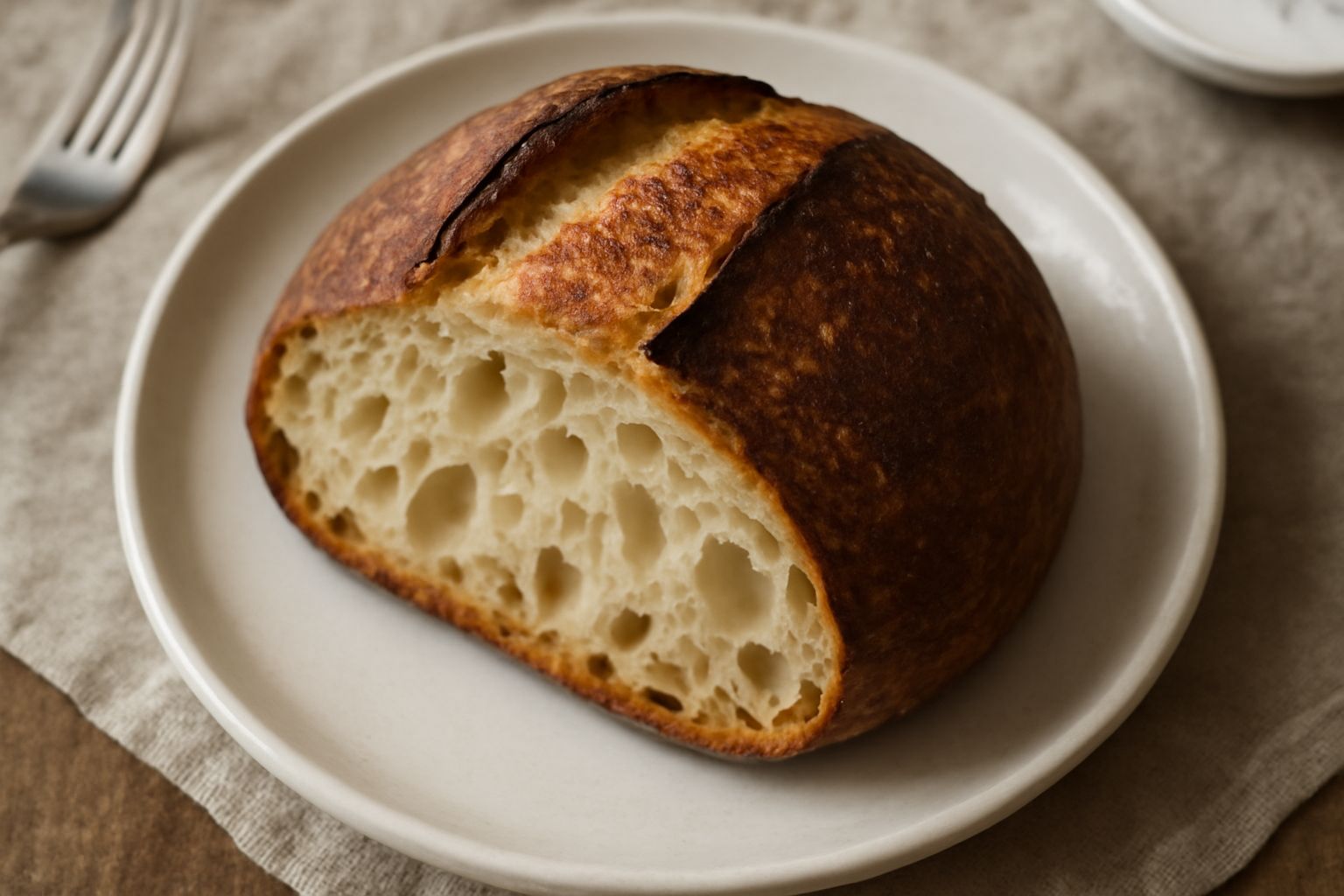 Pane rotondo color dorato con crosta scura e screpolature naturali, tagliato a metà per mostrare l'interno morbido con alveoli irregolari, poggiato su una tavola di legno con una spiga di grano accant