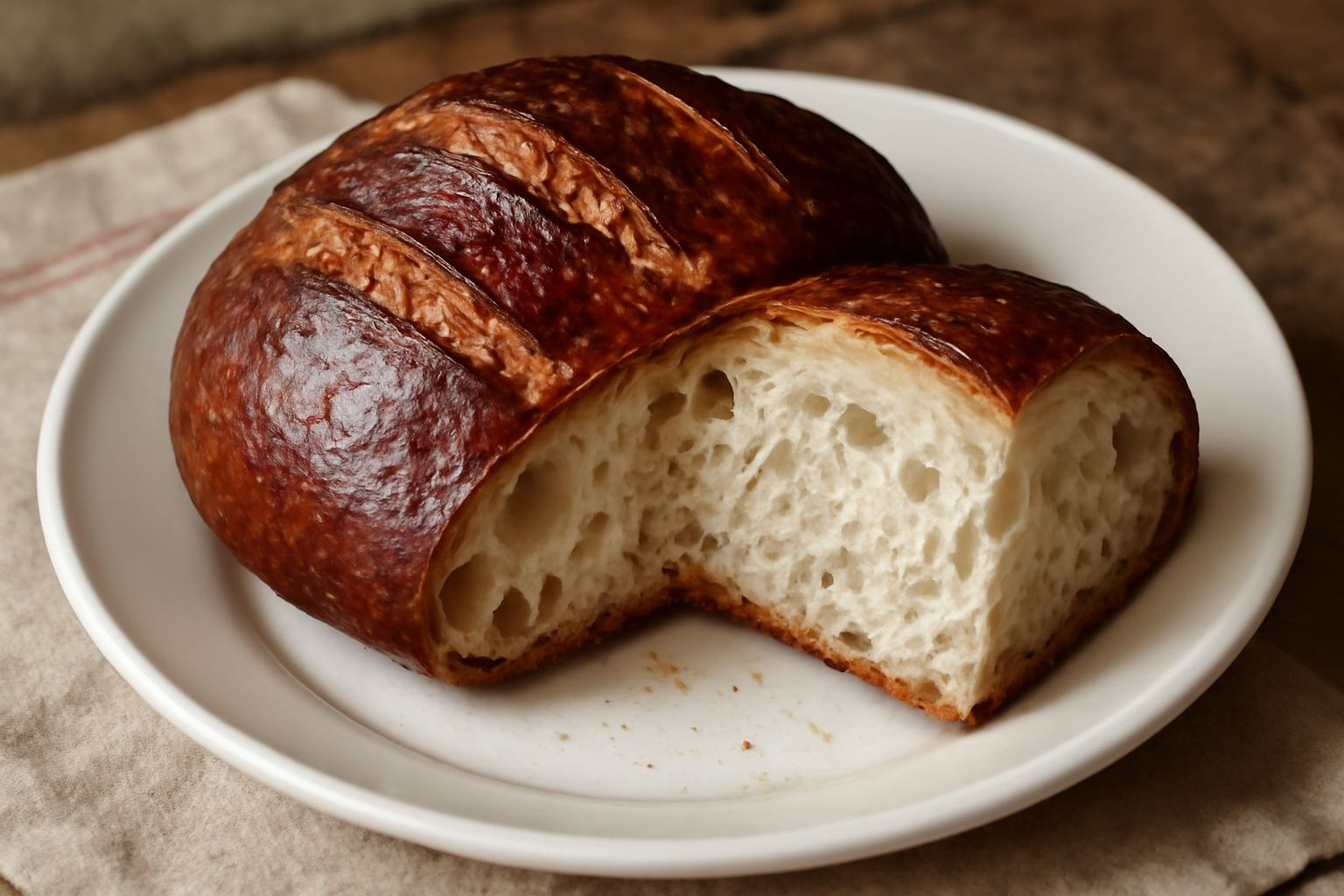 Pane croccante dorato con crosta marrone scuro e spaccature caratteristiche, affettato di fresco su un tagliere di legno, con miglior parte interna soffice visibile