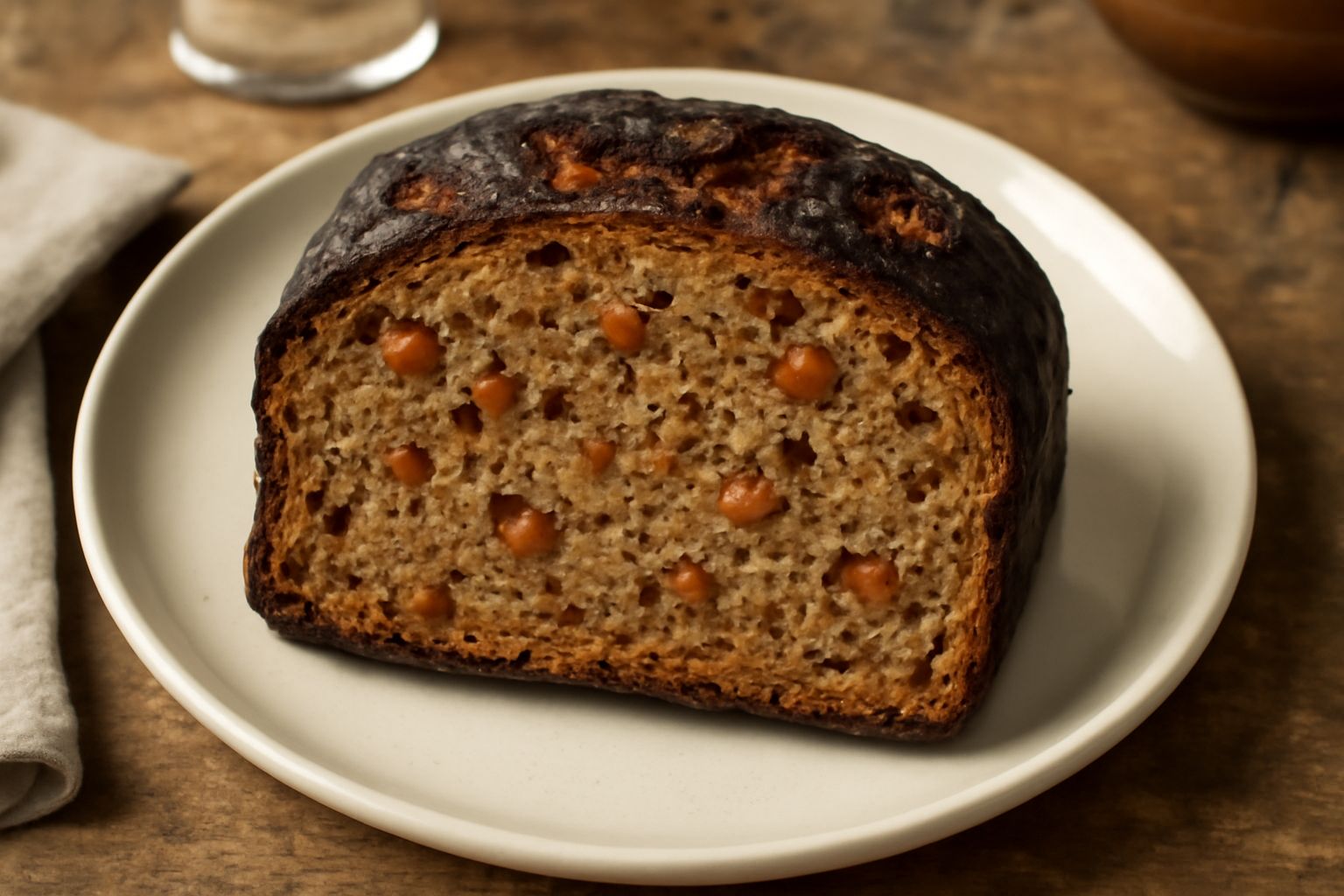 Pane scuro a fette con ciccioli dorati e croccanti visibili sulla superficie e all'interno, su un tagliere di legno rustico