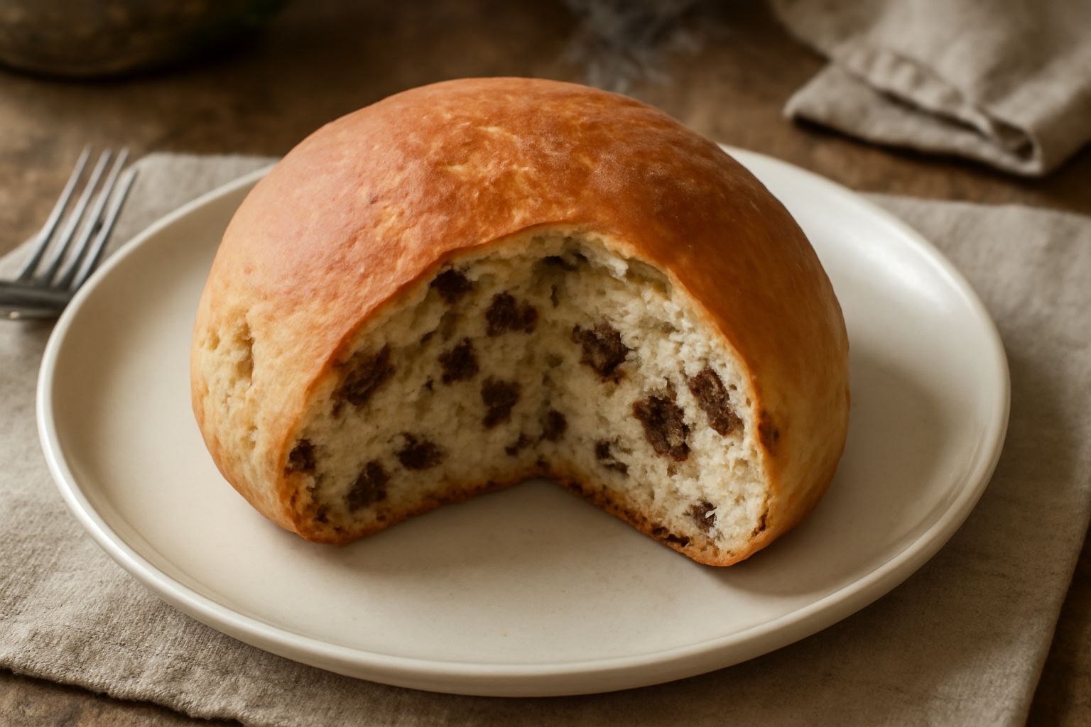 Pane toscano con ripieno di cipolle caramellate, tagliato a metà, che mostra l'interno dorato e le cipolle morbide e scure, poggiato su una tavola di legno rustica con spighe di grano