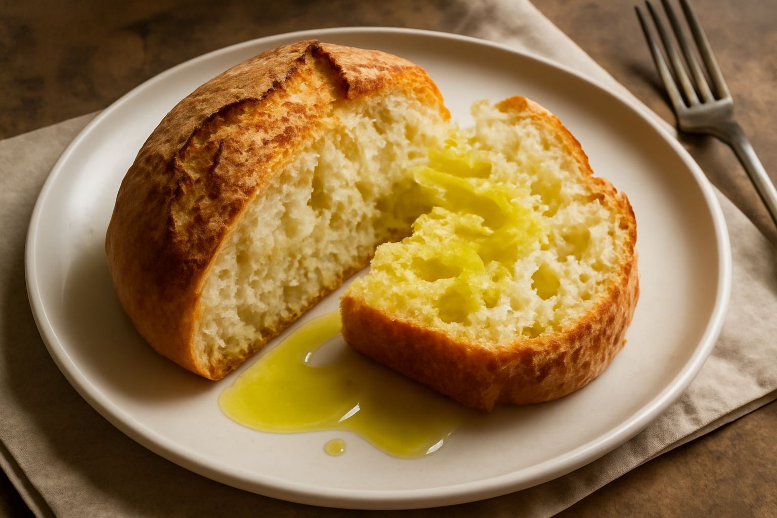Pane toscano rustico spezzato in pezzi, con crosta dorata e screpolata, olio d'oliva che goccia sulla superficie, servito in un cesto di lino bianco su tavolo di legno