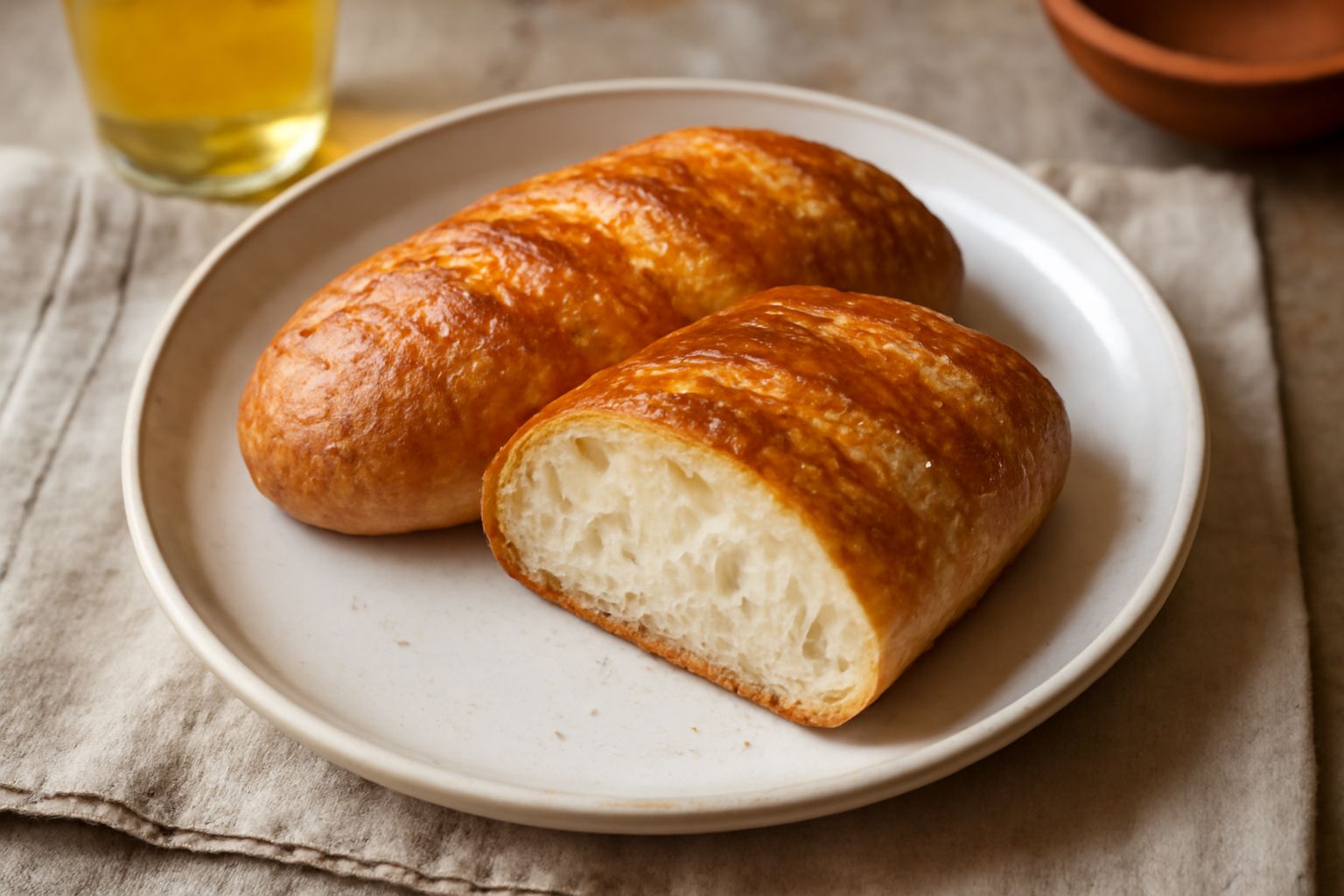 Pane cu' l'olio appena sfornato, dorato e lucido, tagliato a fette su una tavola di legno con un filo di olio extravergine sparso sulla crosta e una ciotola di olio accanto