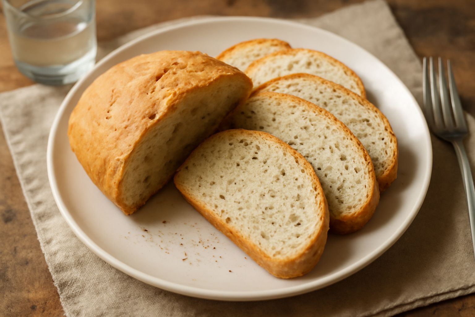 Un pane tondo dorato con crosta irregolare e screpolature, affettato per mostrare l'interno soffice color avorio con piccoli puntini scuri degli aromi, su un tagliere di legno con olio d'oliva in bicc